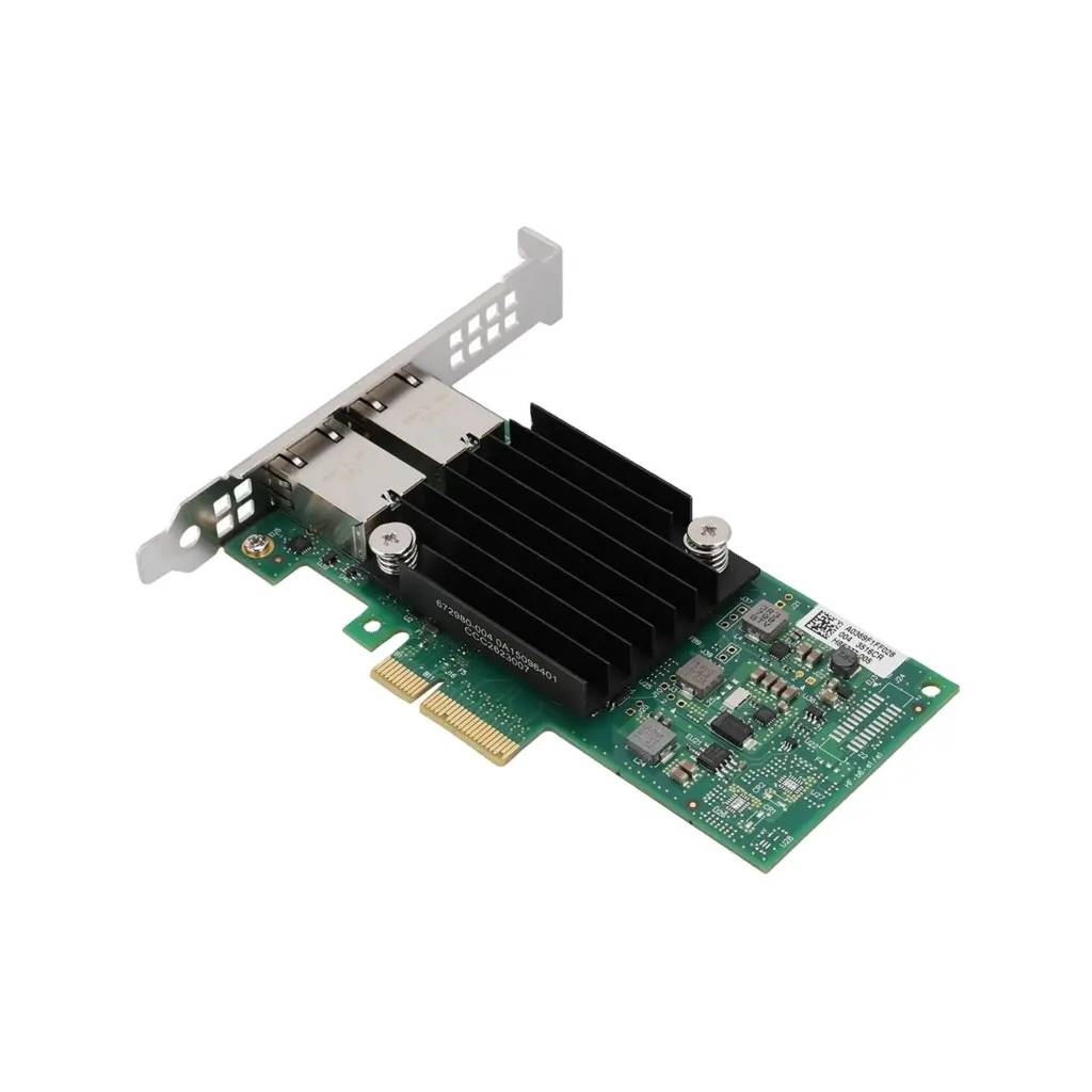 Eine Computernetzwerkkarte mit zwei Anschlüssen und einem Kühlkörper auf einer grünen Leiterplatte.