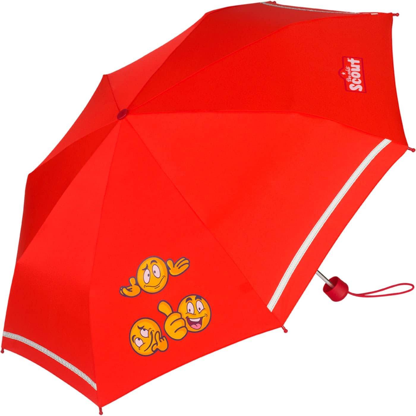 Roter Regenschirm mit drei lächelnden Emoji-Gesichtern, die einen Daumen nach oben zeigen. Markenlogo 'Scout' in der Ecke. Inklusive Handschlaufe.