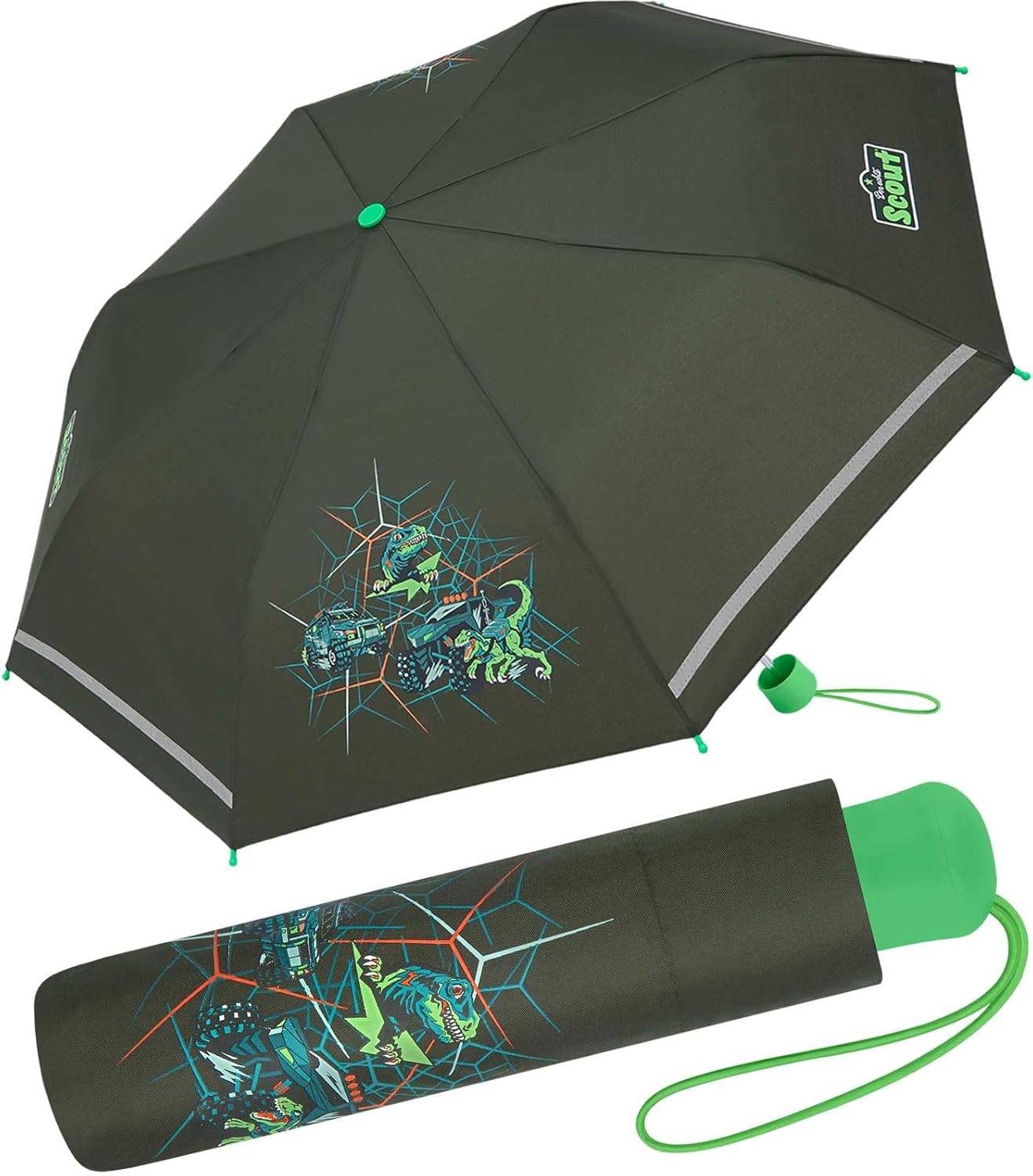 Schwarzer Regenschirm und Etui mit grünen Akzenten, versehen mit einem farbenfreudigen Drachendesign.