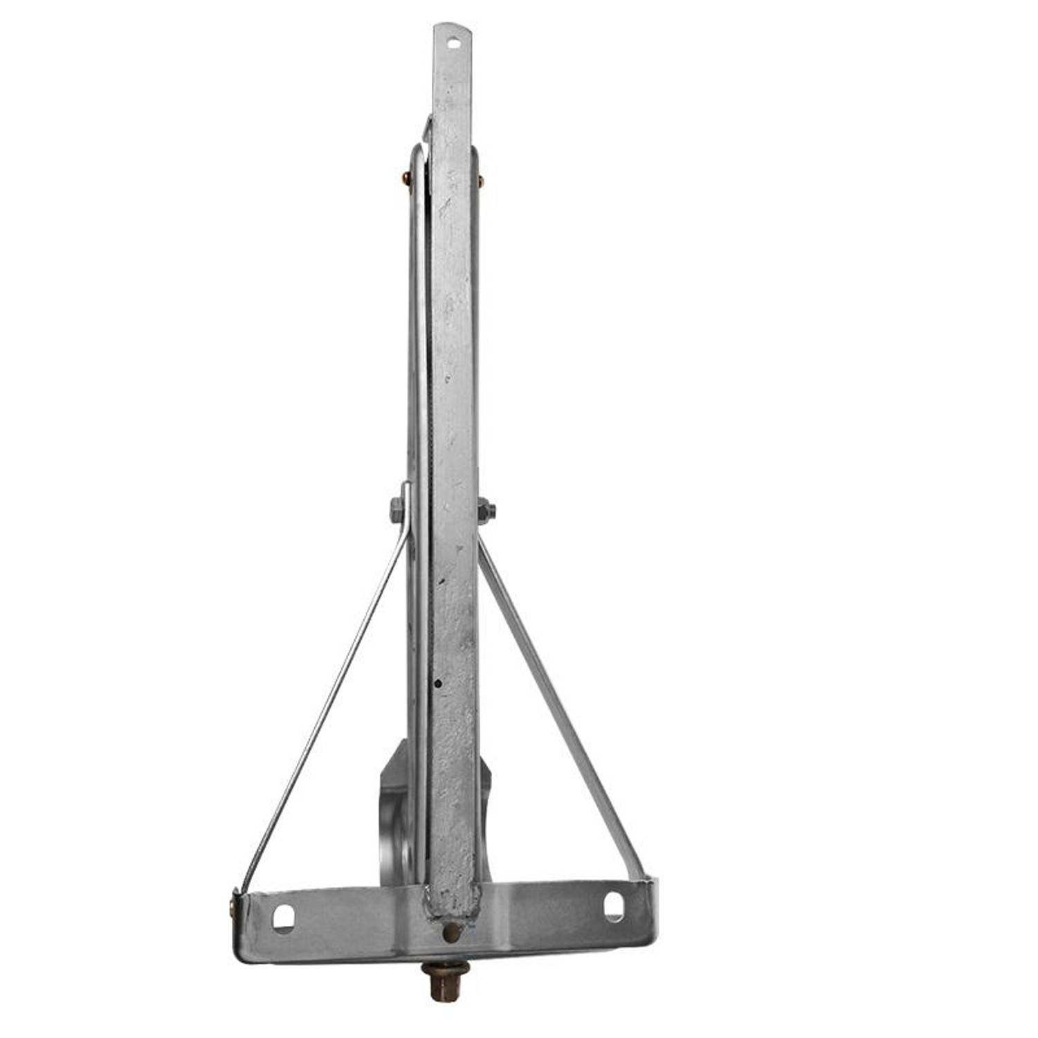 Eine metallische Vorspannanker-Systemkomponente, die in Profilansicht dargestellt ist, mit einem geraden, vertikalen Balken und schräg angeordneten Stützhalterungen.