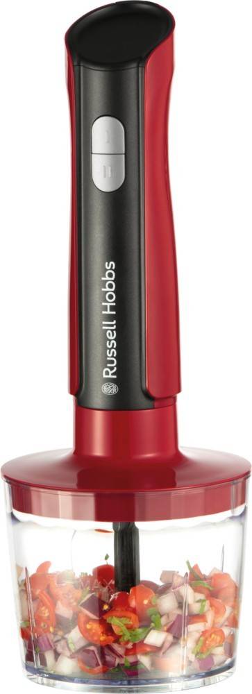 Ein rotes und schwarzes Küchengerät von Russell Hobbs mit dem vertikal angezeigten Markennamen. Die Basis ist breit und kreisförmig.