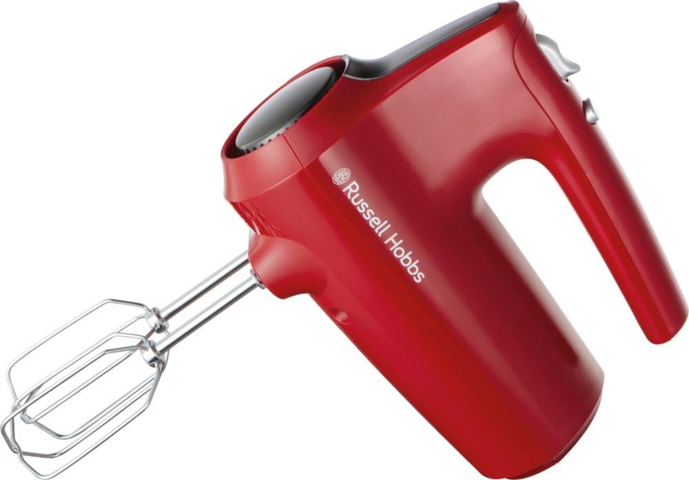 Ein roter elektrischer Handmixer mit Metallrührbeaten und einem ergonomischen Griff ist mit der Marke 'Russell Hobbs' gekennzeichnet.