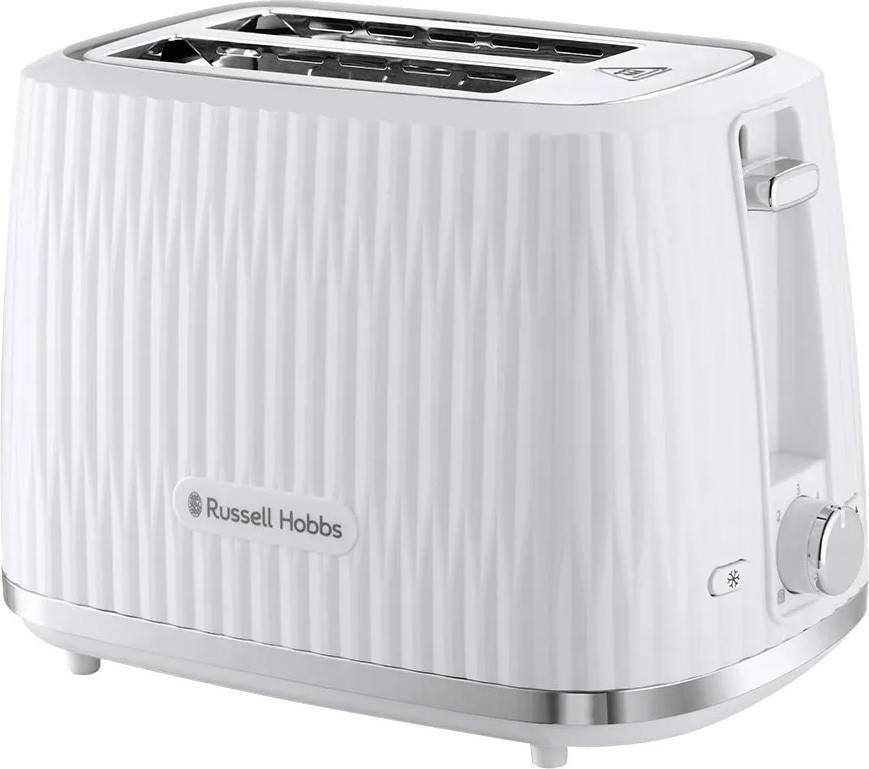 Weißer Toaster mit einer strukturierten Oberfläche, ausgestattet mit zwei Schlitzen und einem Bedienungsknopf an der Seite. Der Markenname 'Russell Hobbs' ist auf der Vorderseite angebracht.