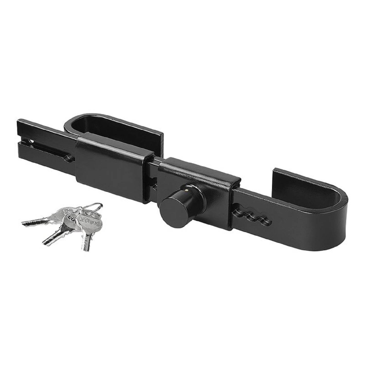 Ein schwarzes, verstellbares Autpedalschloss mit drei Schlüsseln. Das Schloss ist U-förmig, passt über die Pedale und verfügt über einen schlüsselbetriebenen Mechanismus für Sicherheit.