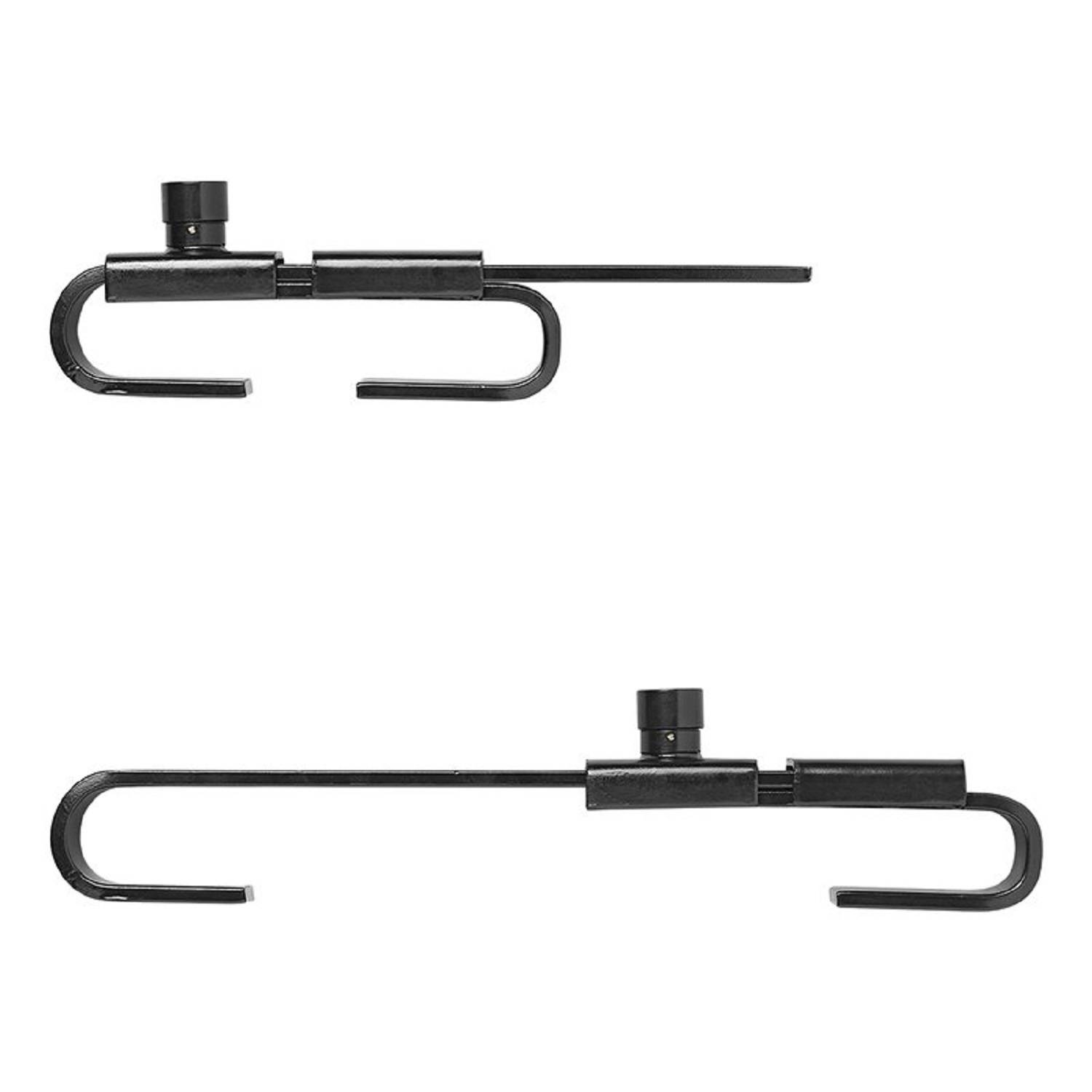 Zwei Metallhaken mit verstellbaren Klammern, einer kleiner über dem anderen, entwickelt zum Sichern oder Aufhängen von Gegenständen, auf weißem Hintergrund dargestellt.