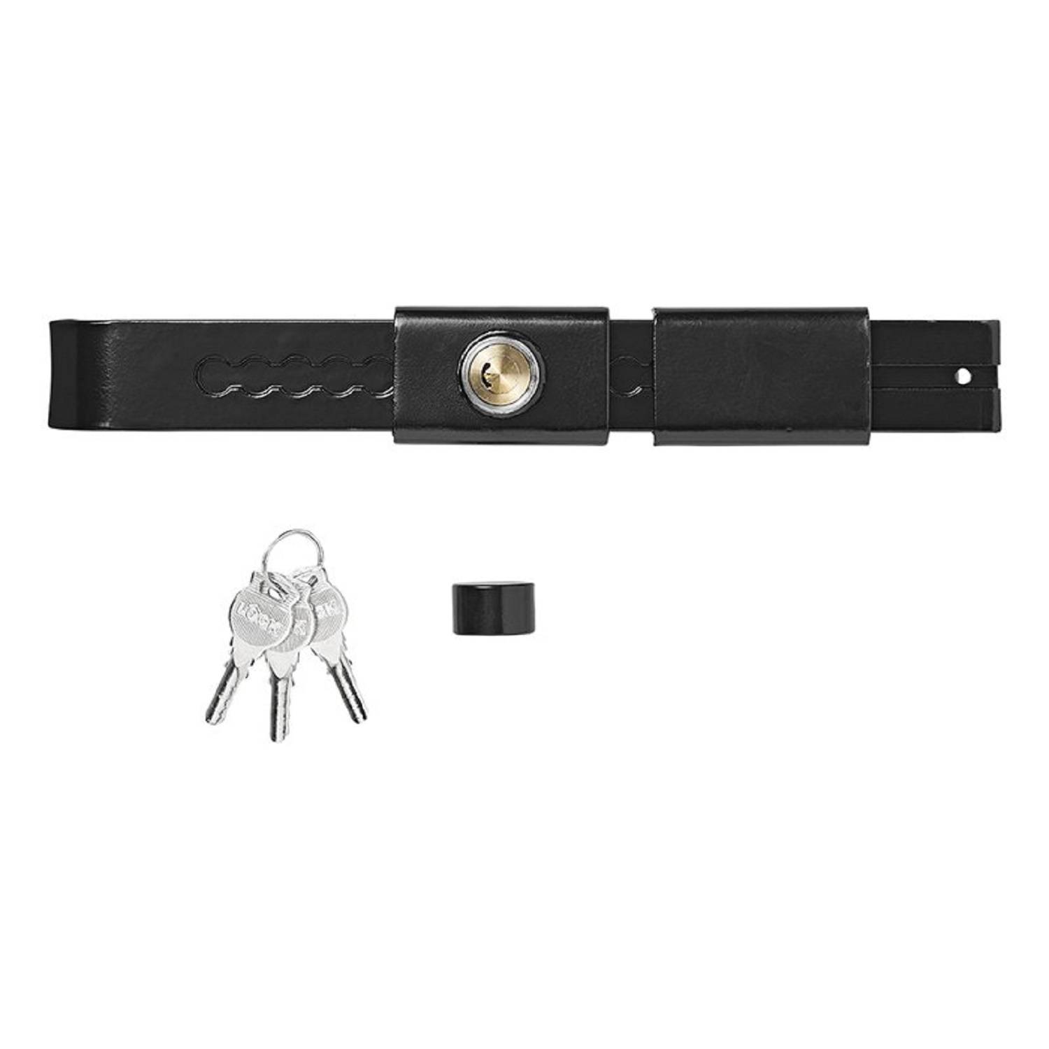 Schwarzer Schieberiegel mit Schlüsselloch, begleitet von drei Schlüsseln und einer schwarzen Kappe, vor einem weißen Hintergrund.