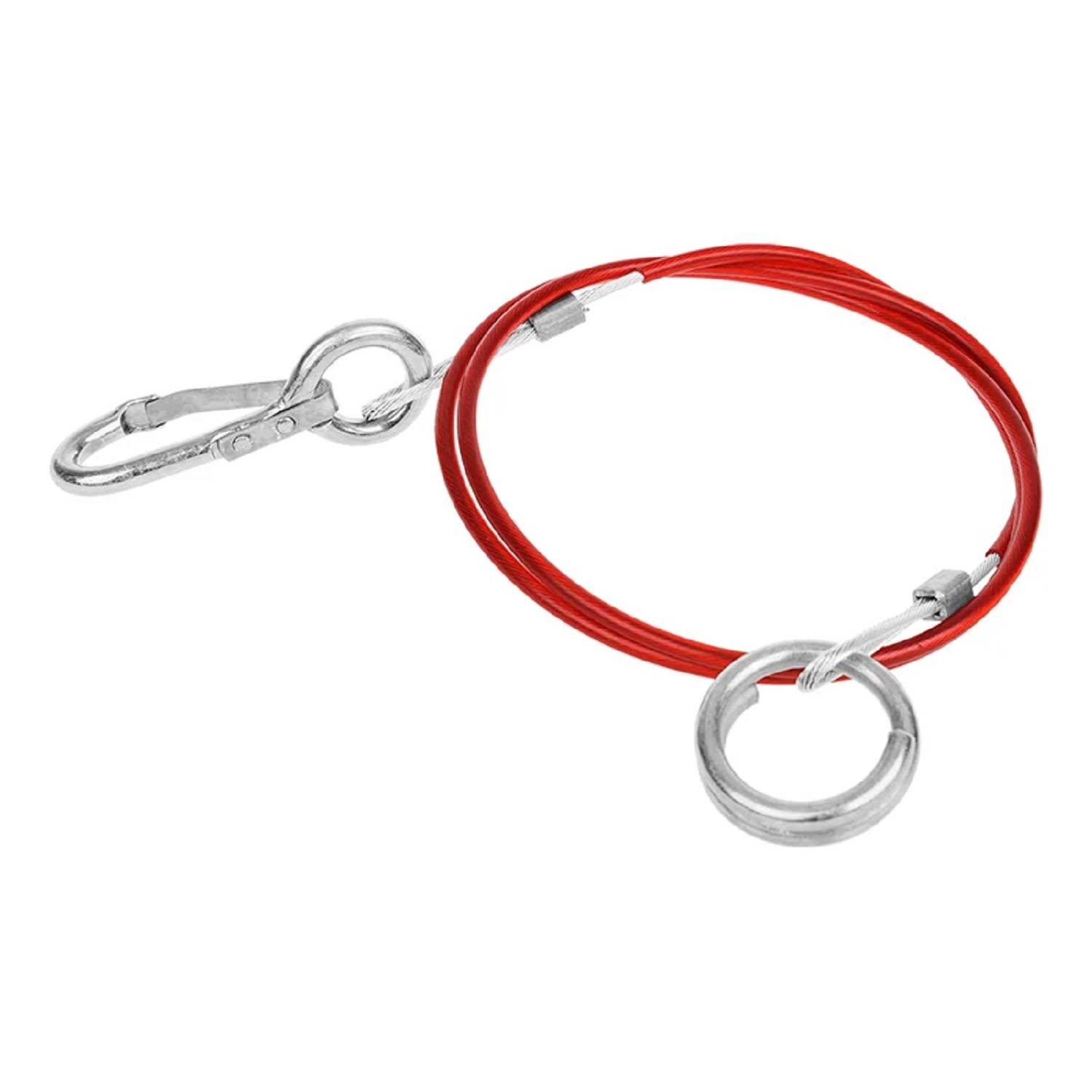 Ein roter Stahlseilzug mit Metallringen und einem Verschluss, der zur Sicherung von Gegenständen verwendet wird.