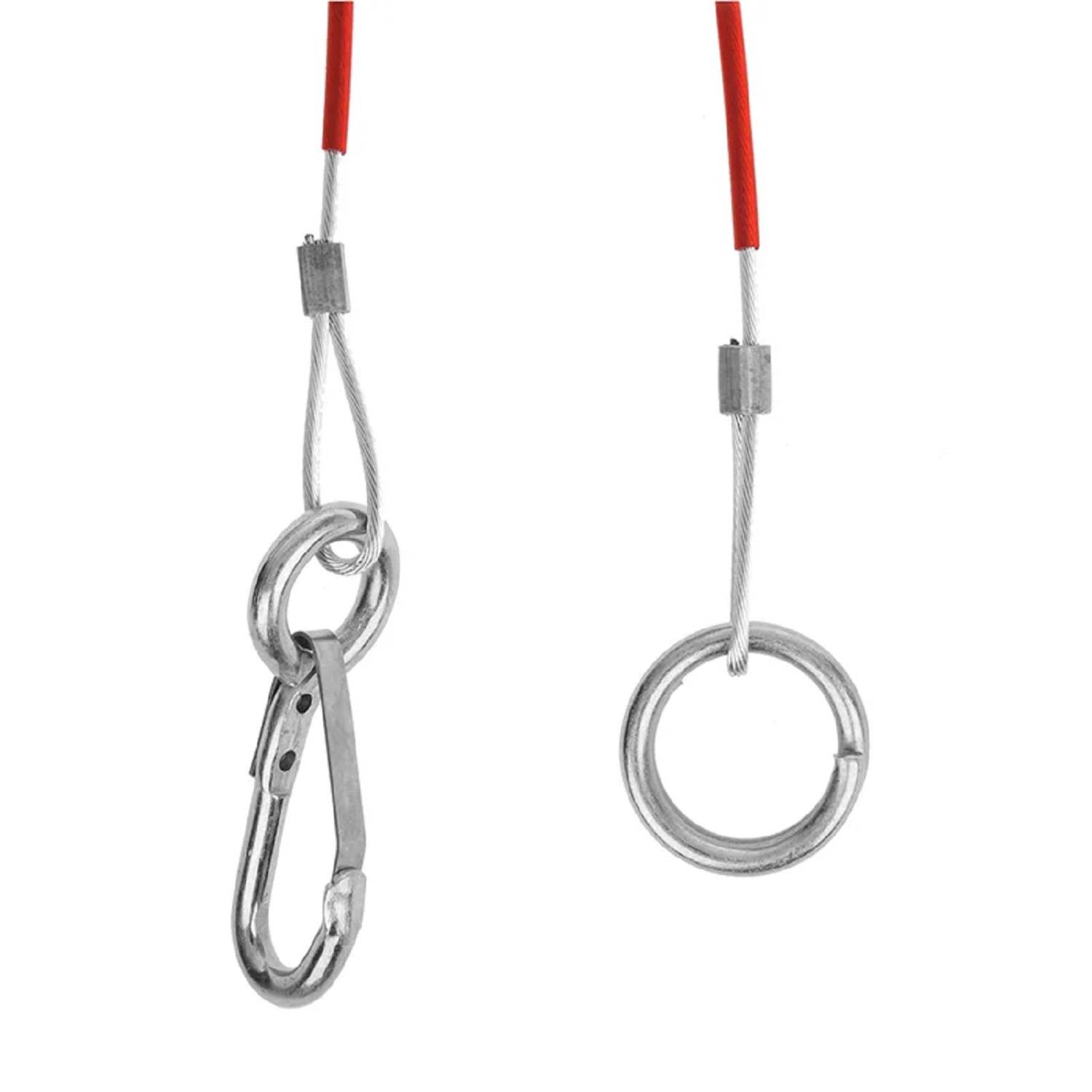 Bild eines roten und silbernen Wiha Werkzeugriemens mit einem Karabiner und Ring, verwendet zum Sichern von Werkzeugen bei Arbeiten in großen Höhen.