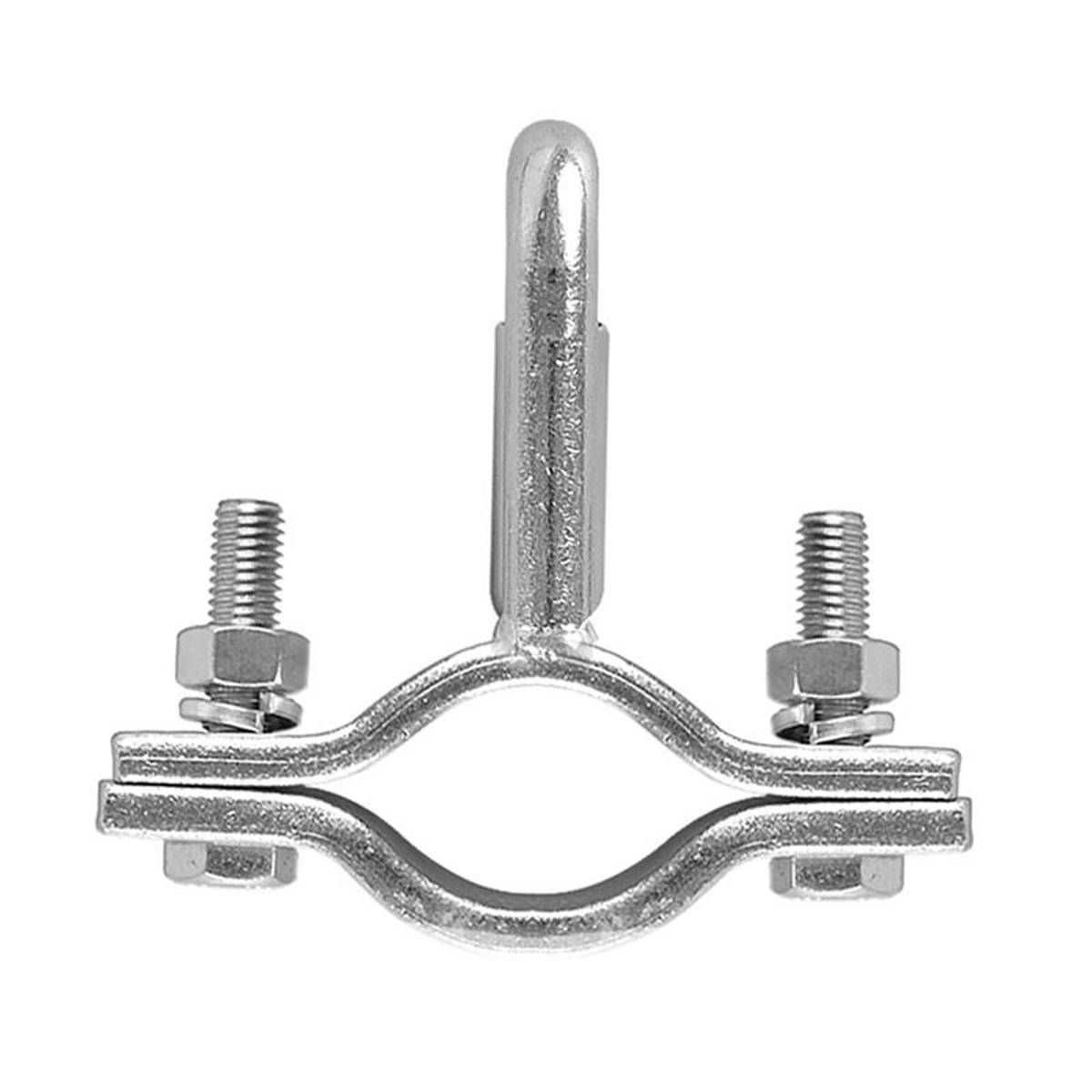 U-förmiger Metallrohrhalter mit zwei Schrauben an jeder Seite zum Befestigen von Rohren. Silber, industrielle Oberfläche.