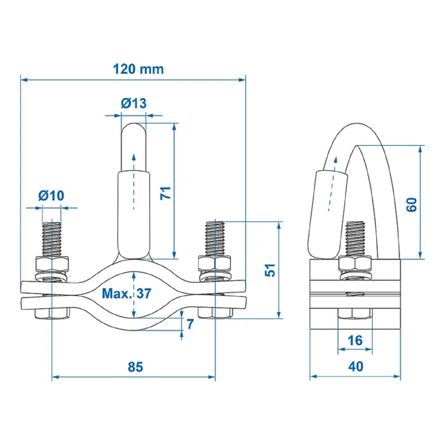 Technische Zeichnung einer Rohrklemme mit folgenden Maßen: 120 mm Höhe, 85 mm Breite, Ø10 und Ø13 für Löcher und max. 37 mm Rohrdurchmesser.