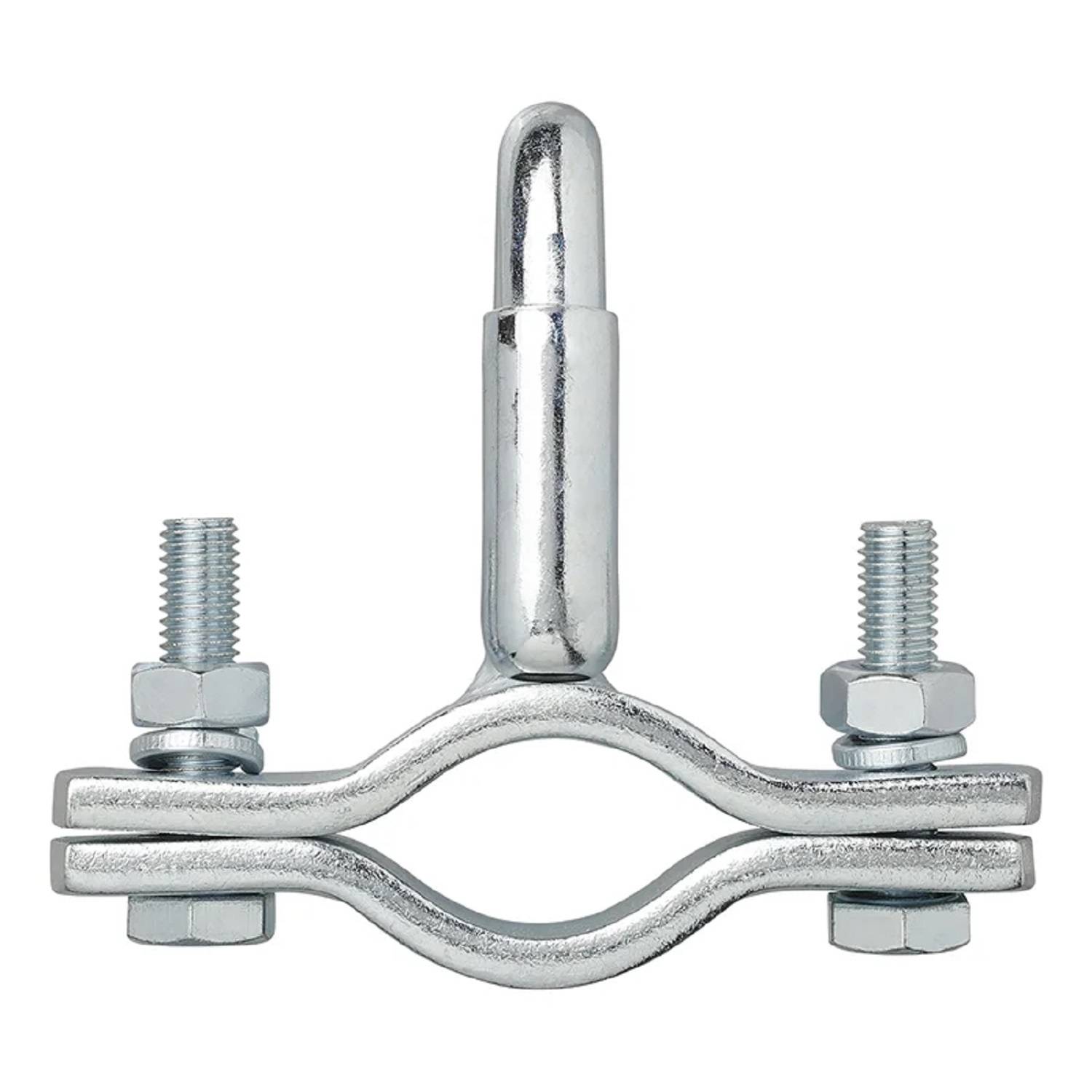 Ein U-Bolzen mit Muttern und Scheiben, konstruiert zum Befestigen von Rohren oder Stangen an einer Oberfläche, in metallischer Ausführung mit Anschlussplatte dargestellt.