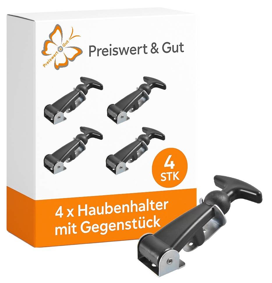 Verpackung mit der Aufschrift 'Preiswert & Gut' und einem Bild von vier Haubenhaltern. Text '4 x Haubenhalter mit Gegenstück'.