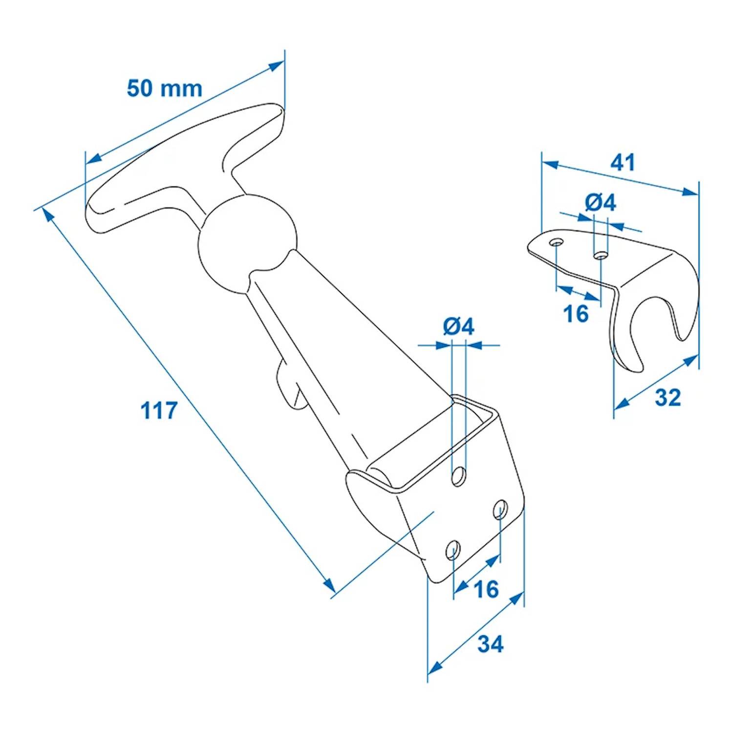 Darstellung einer Treppenhandlaufhalterung mit Maßangaben: Hauptbracketlänge 117 mm, Basisbreite 34 mm, obere Breite 50 mm.