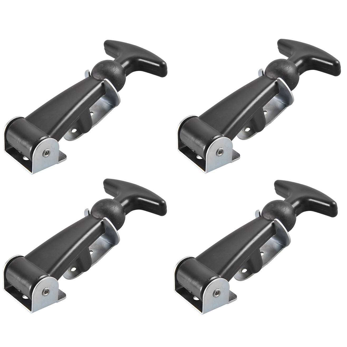 Vier schwarze Spannhebel mit silbernen Basen, in einem Raster auf weißem Hintergrund angeordnet.