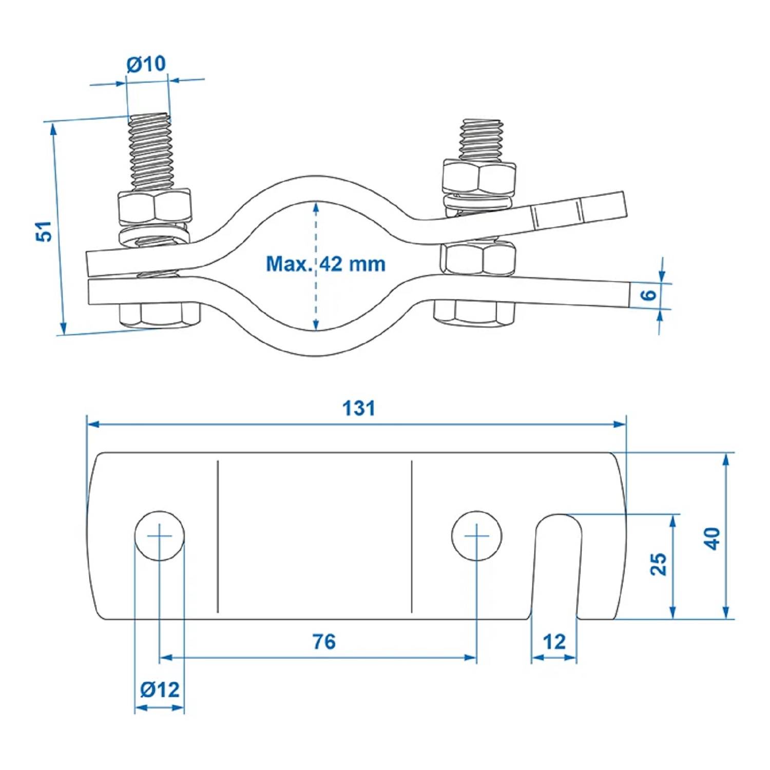 Technische Zeichnung einer Rohrklemme mit Abmessungen. Die Draufsicht zeigt eine maximale Öffnung von 42 mm, und die Seitenansicht hebt Abschnitte mit spezifischen Messungen in Millimetern hervor.