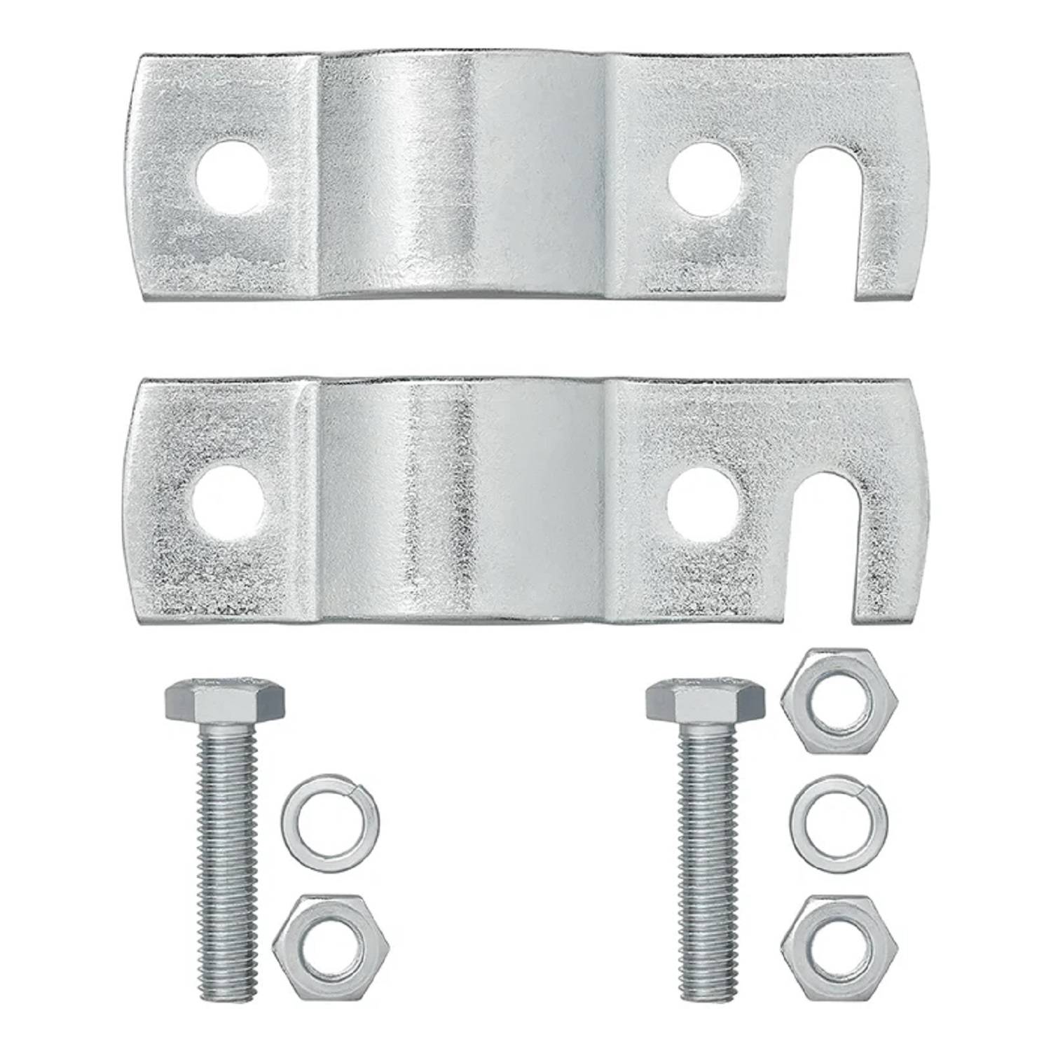 Metallbefestigungshalterungen mit zwei Schrauben, Muttern und Unterlegscheiben auf einem weißen Hintergrund.