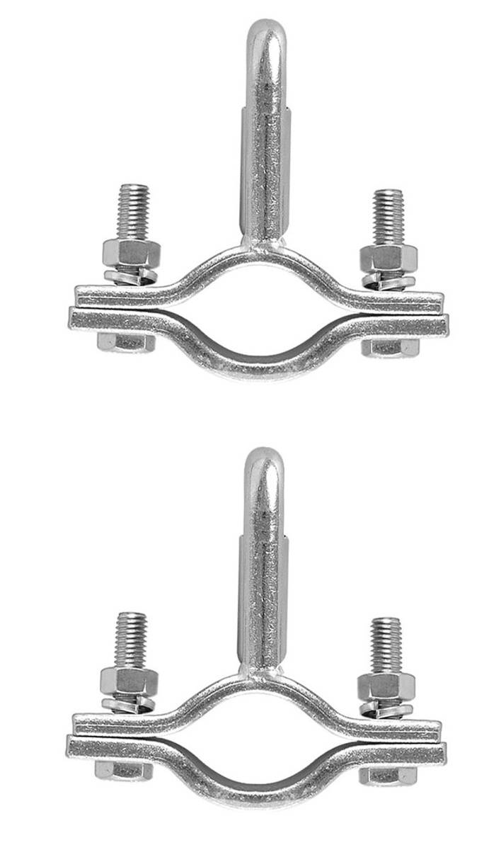 Metallrohrklemme mit Schrauben und Muttern, von oben und der Seite gezeigt, verwendet zum Sichern von Rohren.