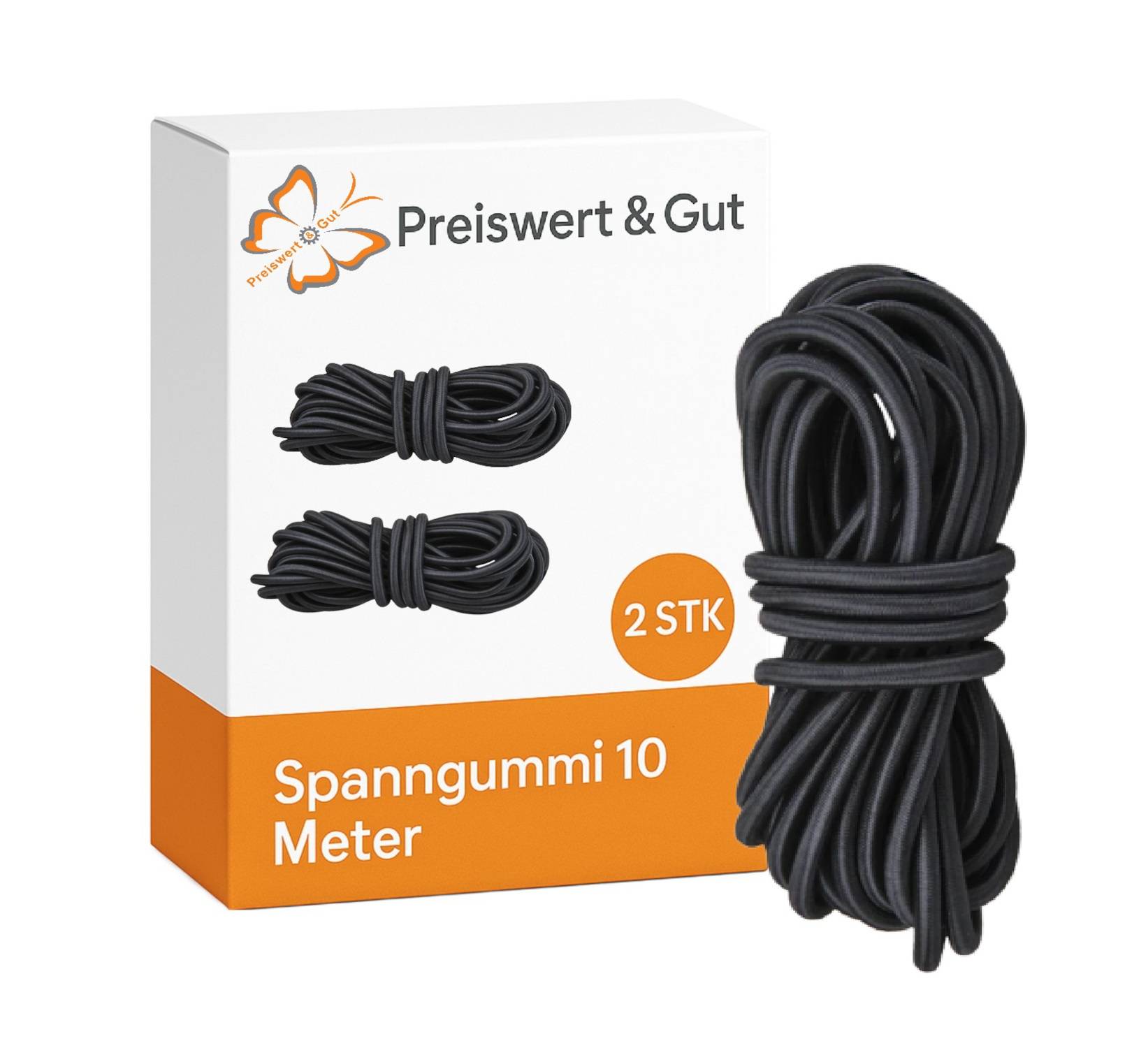 Eine Schachtel 'Preiswert & Gut' Spanngummis mit zwei Bündeln, gekennzeichnet mit 'Spanngummi 10 Meter, 2 Stk.', und einer geschlungenen Schnur davor.