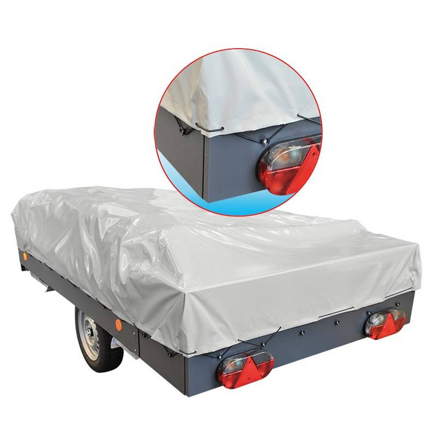 Anhänger mit grauer Abdeckung, ausgestattet mit roten Rücklichtern. Detailaufnahme zeigt Ausschnitt mit befestigter Abdeckung.