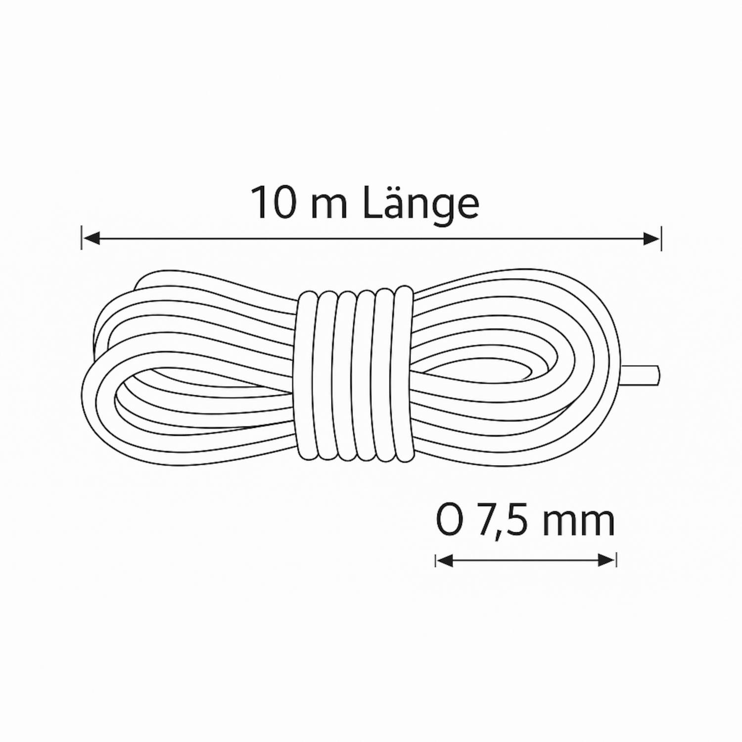 Gewickelter Draht, 10 Meter lang, 0,75 mm Durchmesser, beschriftet auf Deutsch: 10 m Länge, Ø 0,75 mm.