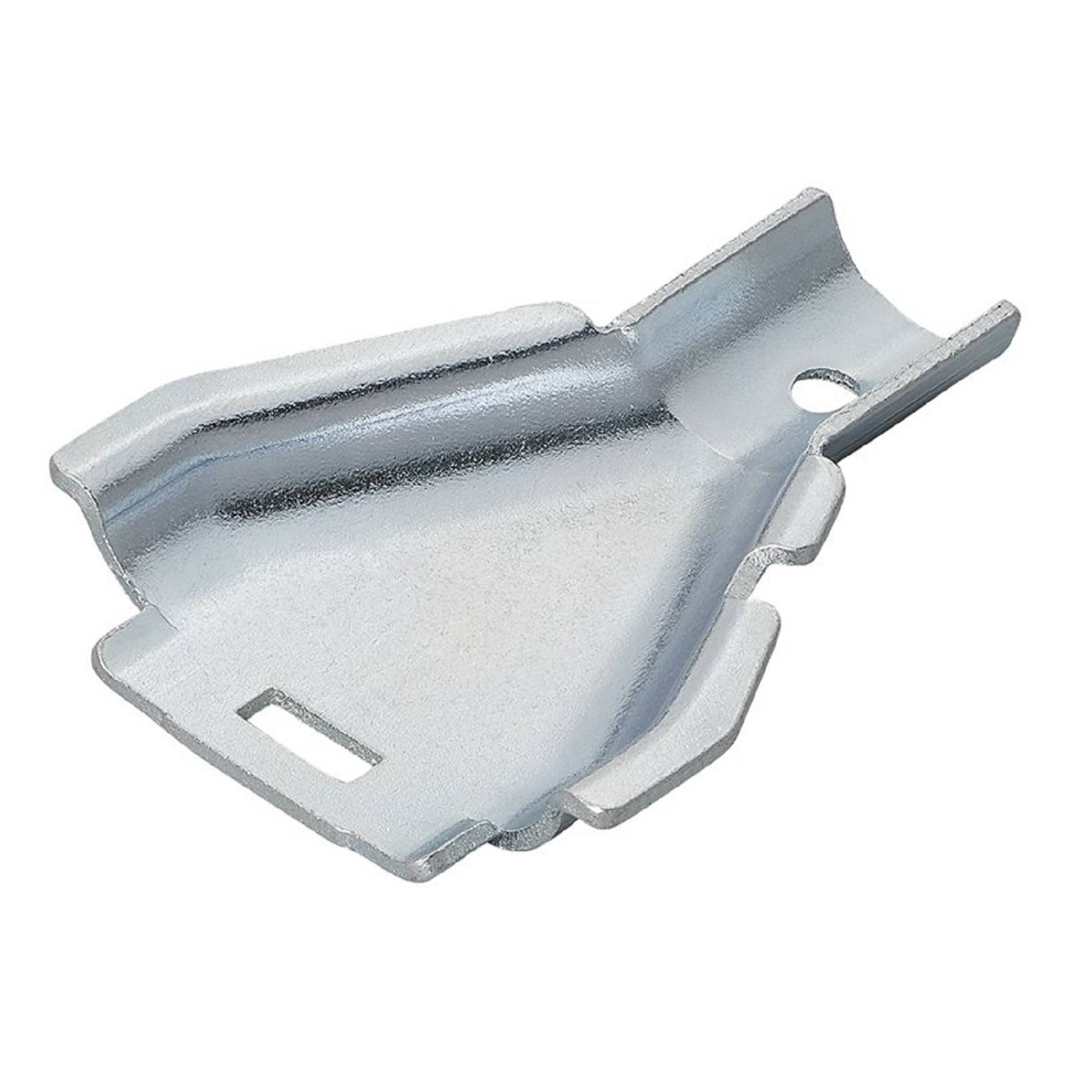 Eine Metallhalterung mit abgewinkelten Kanten und zwei rechteckigen Schlitzen, die zum Befestigen oder Montieren von Objekten verwendet wird.