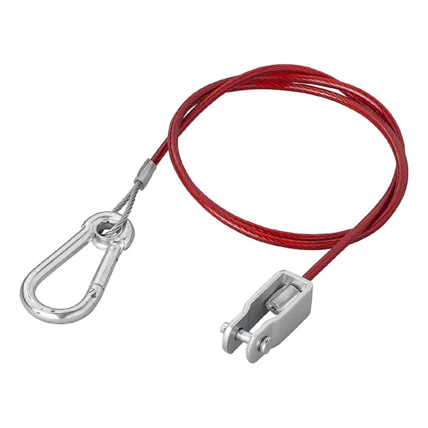 Ein roter Stahlsicherheitskabel mit einem Metallkarabiner an einem Ende und einer U-förmigen Klemme am anderen Ende, der zum Sichern von Gegenständen oder Ausrüstung verwendet wird.