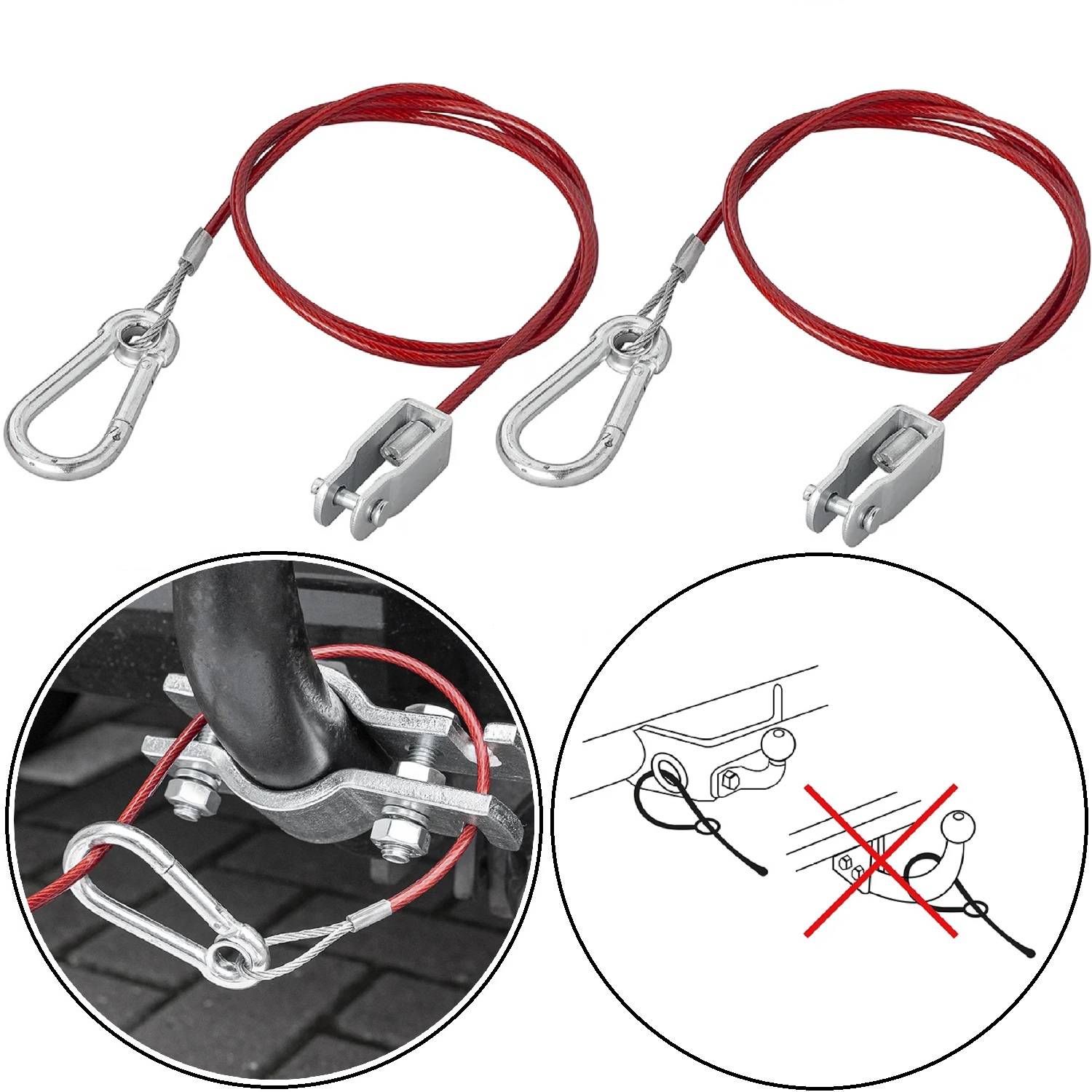 Zwei rote Sicherheitskabel mit Haken und Halterungen. Die Skizze unten zeigt die richtige Verwendung zur Sicherung von Abschlepppunkten und vermeidet gekreuzte Kabel.