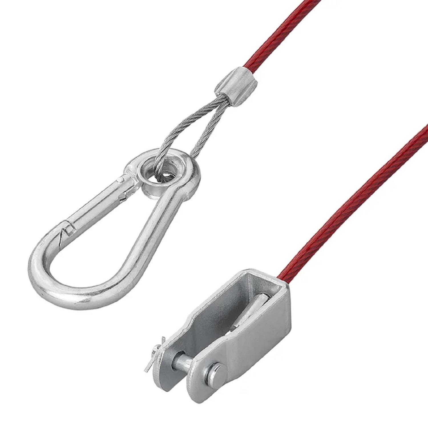 Ein Metallkarabiner, der mit einem roten Stahlseilkabel verbunden ist und dessen Verschlussmechanismus und Befestigungspunkt hervorgehoben werden.