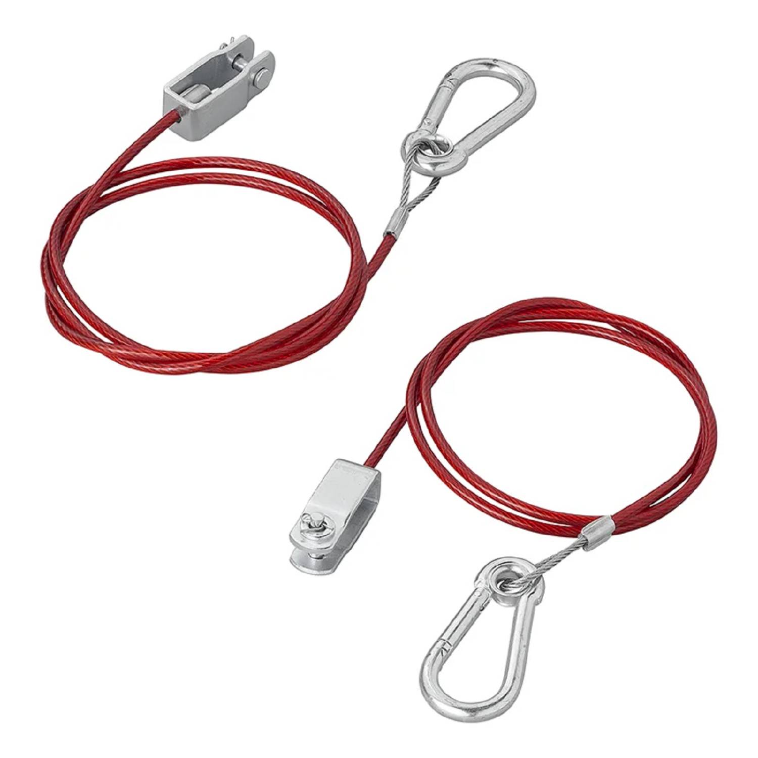 Zwei rote Sicherheitskabel mit Metallklammern und Haken, verwendet zum Sichern von Gegenständen.