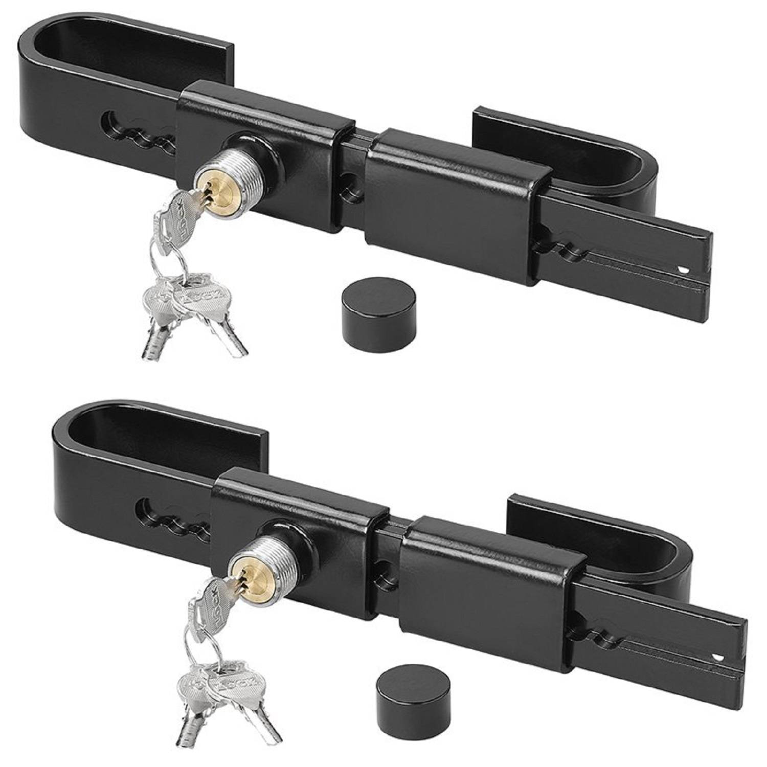 Zwei schwarze, verstellbare Anhängerkupplungsschlösser mit Schlüsseln und Schutzdeckeln. Jedes Schloss sichert Anhänger, indem es die Anhängerkupplung in Position verriegelt.