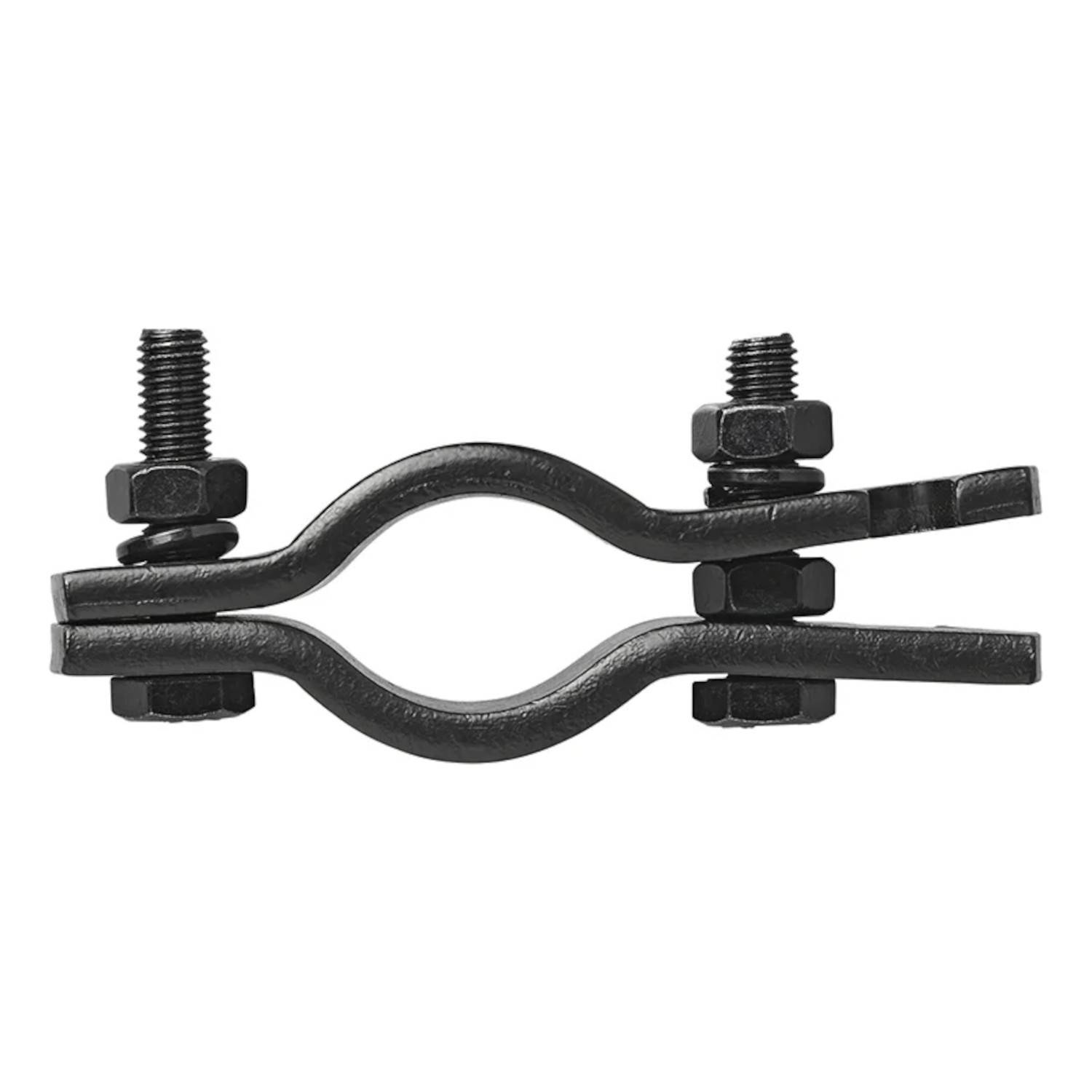 Eine Metallschlauchschelle mit zwei Schrauben und Muttern zum Anziehen, die verwendet wird, um Schläuche zu befestigen oder zu stabilisieren.