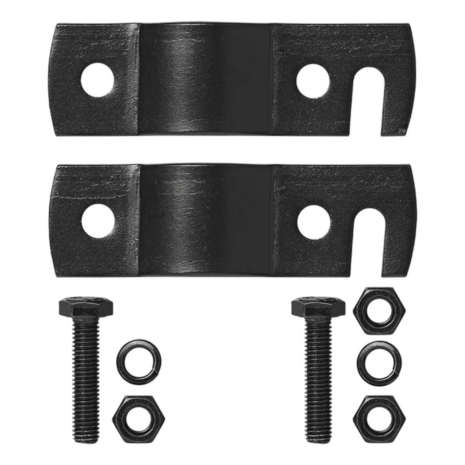 Zwei schwarze Metallhalterungen mit kreisförmigen und hakenartig geformten Löchern, zusammen mit Schrauben, Muttern und Unterlegscheiben, unterhalb angeordnet.