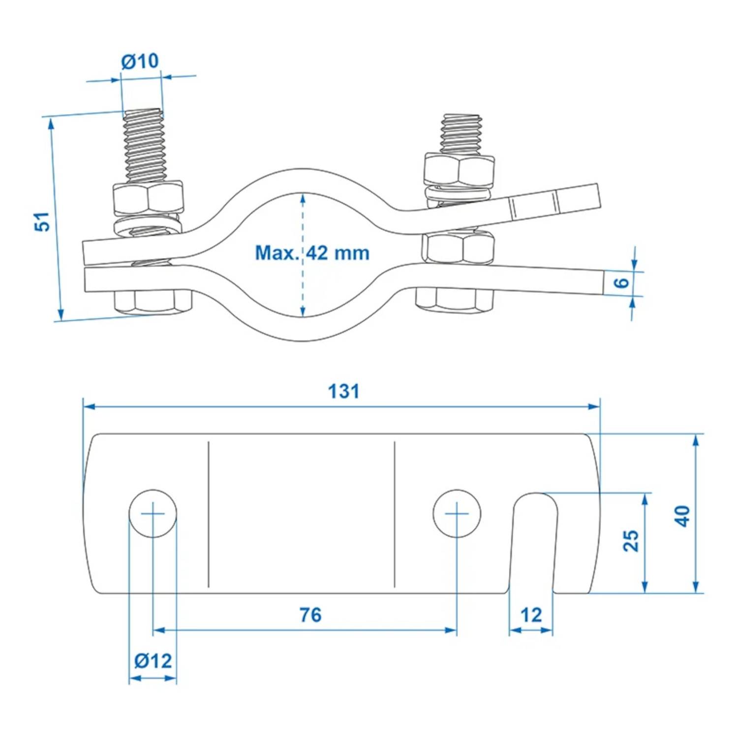 Technische Zeichnung einer Rohrklemme. Maße: 51 mm Höhe, 131 mm Länge, max. 42 mm Durchmesser. Zeigt Schrauben, Muttern und wichtige Maßangaben.