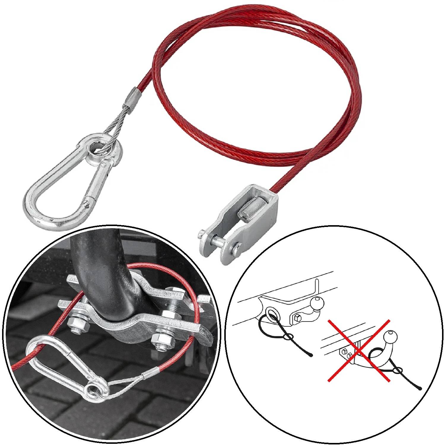 Rotes Kabel mit einer Metallklemme und Haken zur Befestigung. Die Skizze zeigt links die korrekte Anbringungsmethode und rechts die falsche.