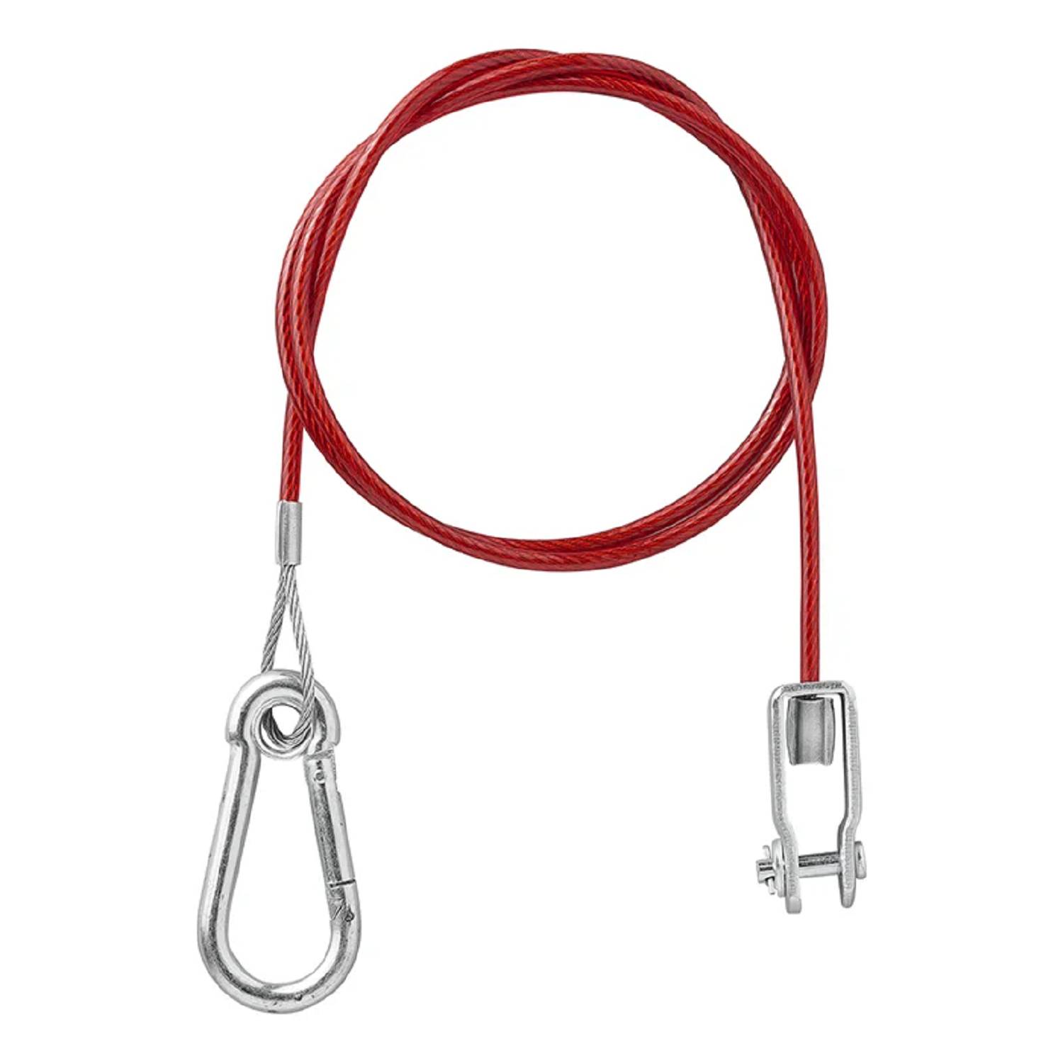 Ein aufgerolltes rotes Sicherheitskabel mit einem silbernen Karabiner und Klemme, verwendet zum Sichern von Gegenständen oder als Sicherheitsleine.