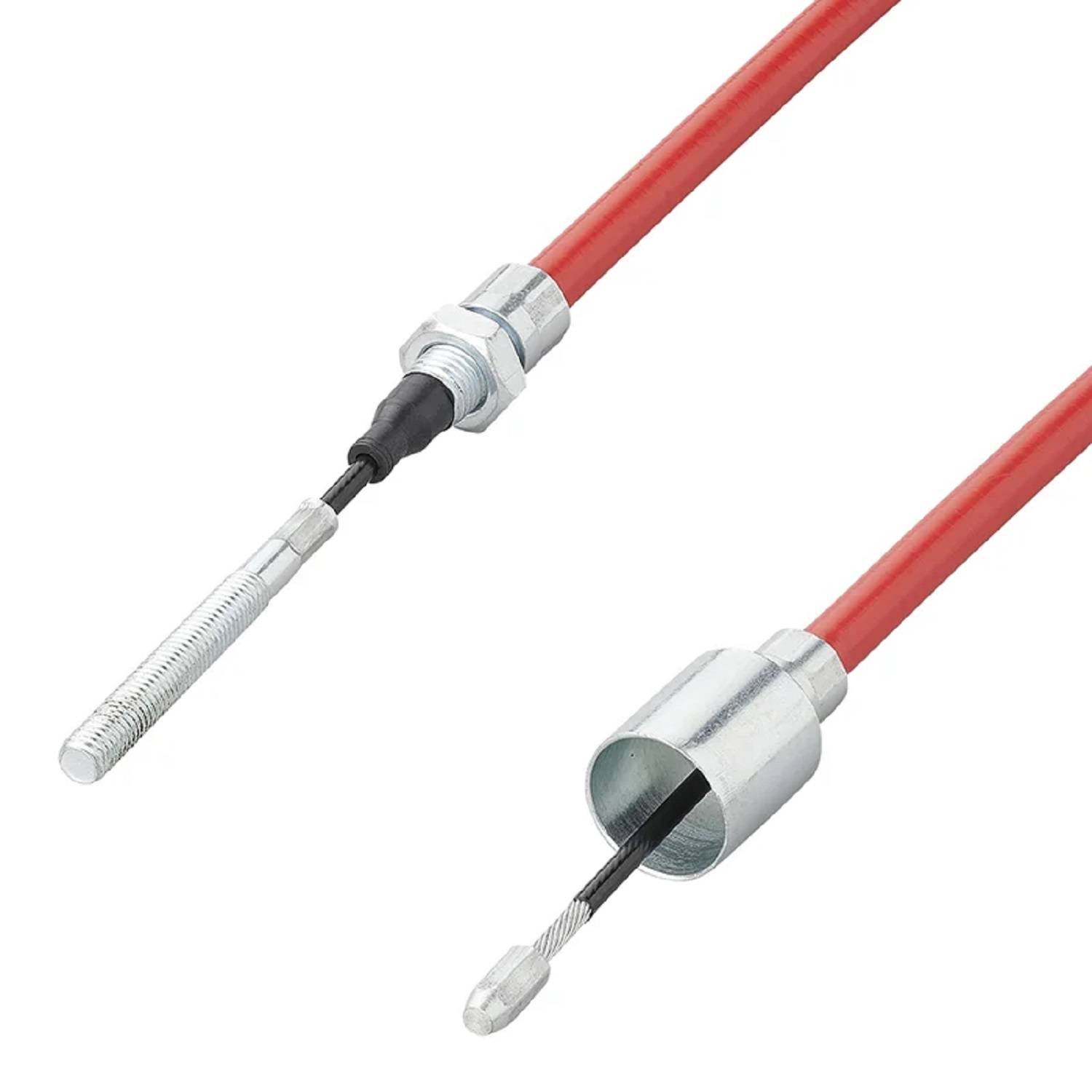 Zwei rote Kabel mit Metallverbindern, eines mit einem Gewindeende und das andere mit einem hohlen zylindrischen Ende, verwendet für mechanische Verbindungen.
