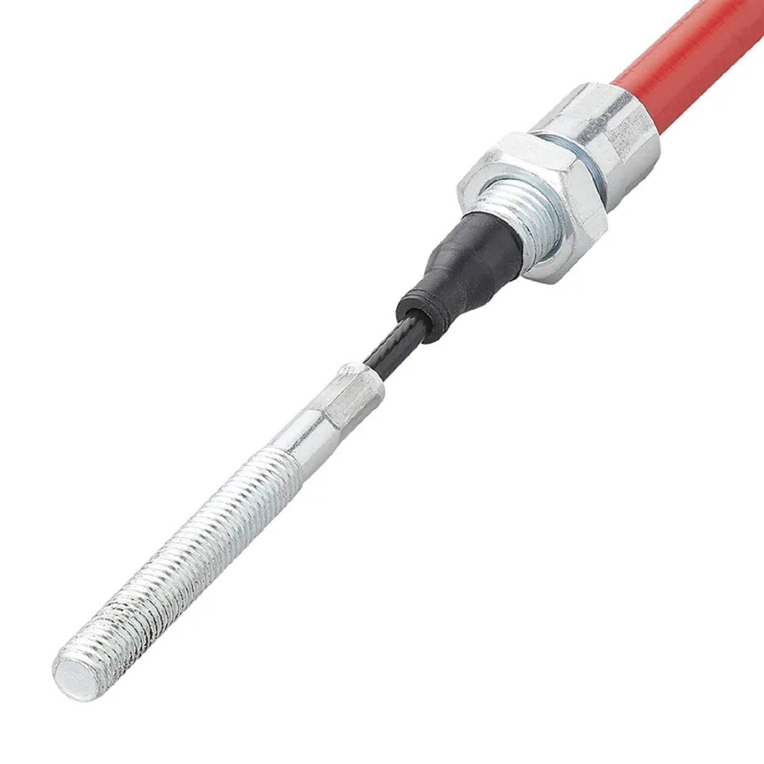 Ein Metallkabel mit einem verschraubten Ende und roter Kunststoffummantelung, wahrscheinlich für mechanische oder automotive Anwendungen verwendet.