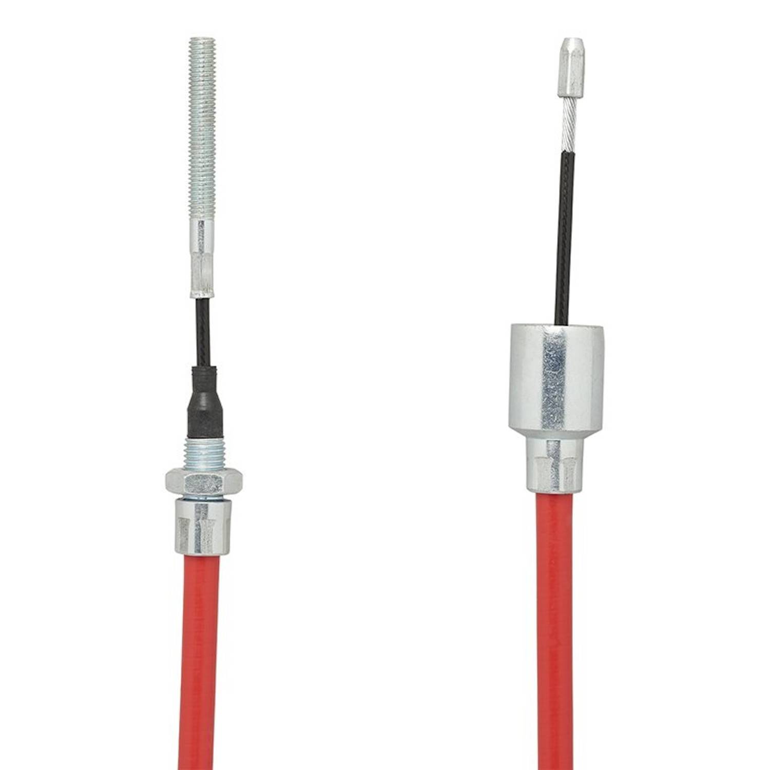 „Ein roter mechanischer Schiebe-Zugsteuerungskabel mit Metallarmaturen an beiden Enden, verwendet zur Übertragung von Bewegung in Maschinen oder Fahrzeugen.