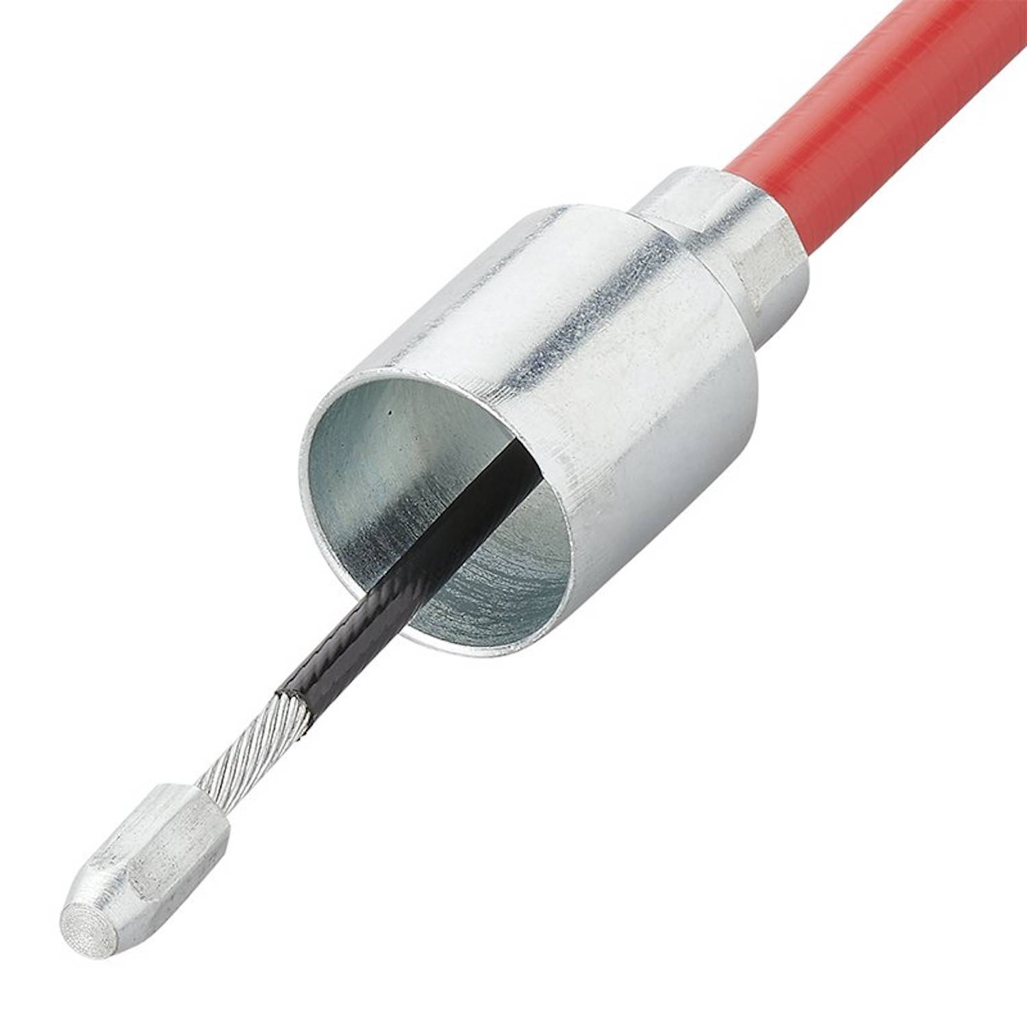 Ein roter Kabel mit einem Metallendstück und einem freigelegten Innendraht.