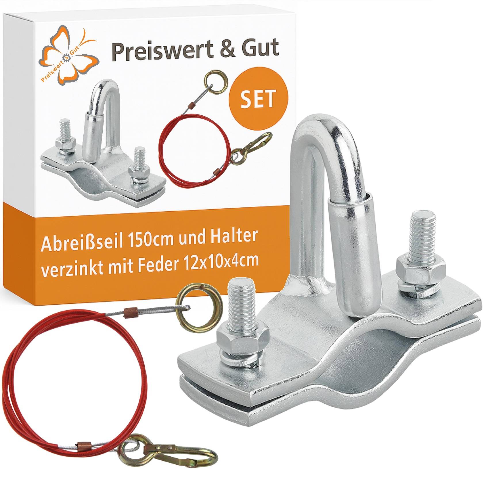 Eine Metallhalterung und ein rotes Kabelsatz zum Sichern von Gegenständen, verpackt in einer Schachtel mit der Aufschrift „Preiswert & Gut