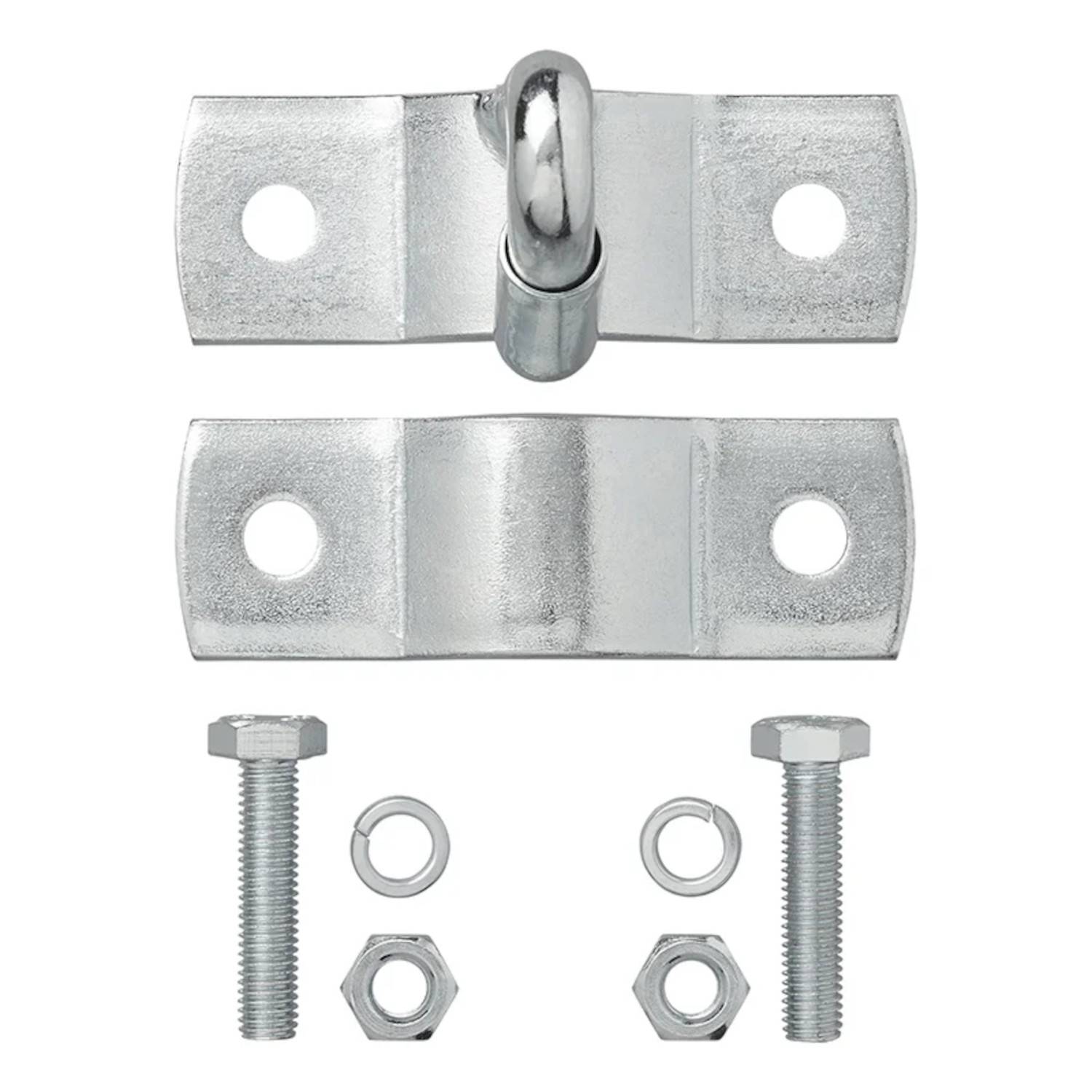 „Satz von Metalltorriegel-Komponenten, bestehend aus zwei Platten, zwei Bolzen, Muttern und Unterlegscheiben, konzipiert für eine sichere Torinstallation.