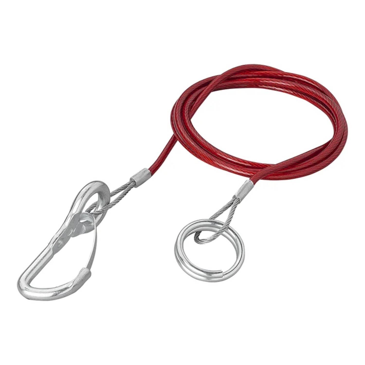 Ein rotes Sicherheitskabel mit zwei Metallhaken an jedem Ende, wobei einer karabinerförmig und der andere eine kreisrunde Schlaufe ist, das zur Sicherung von Gegenständen verwendet wird.