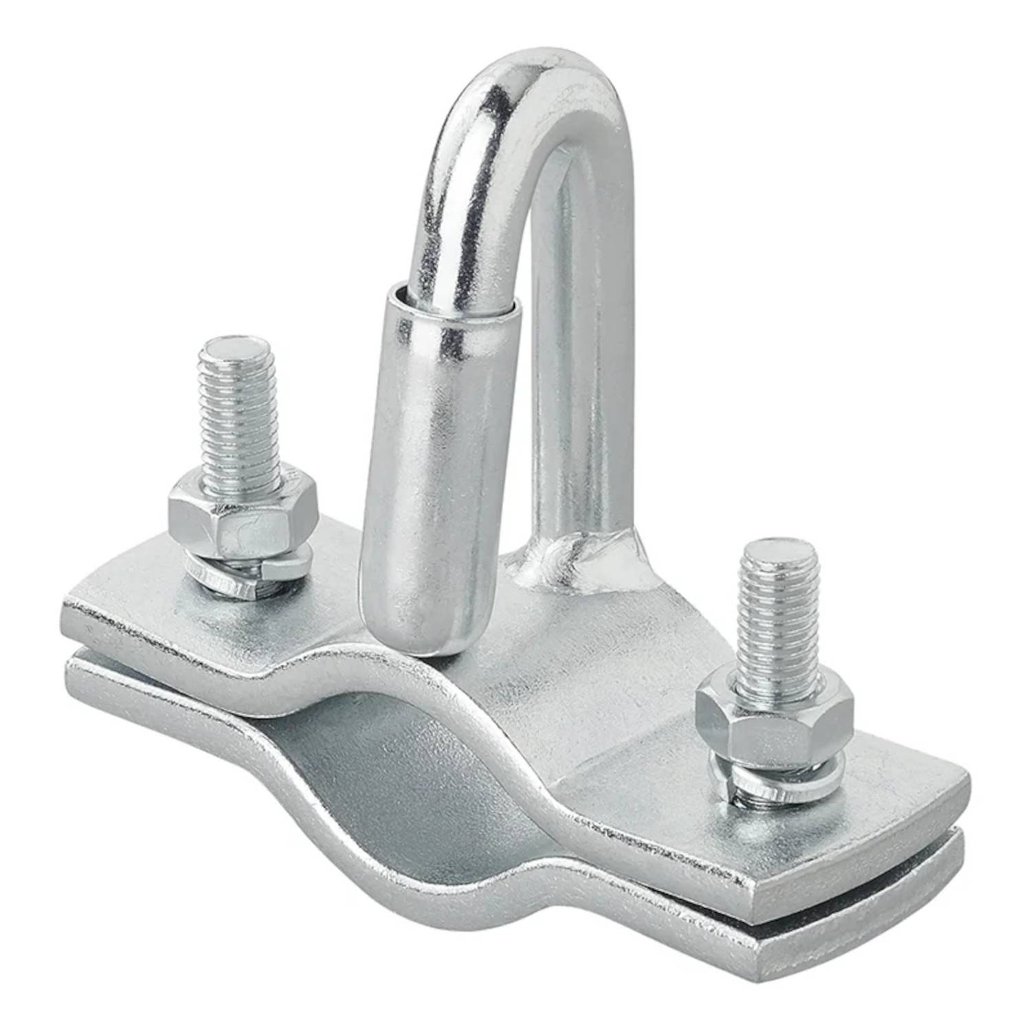 Ein Metallseilklemme mit zwei Schrauben zum Sichern von Kabeln, auf einem weißen Hintergrund dargestellt.