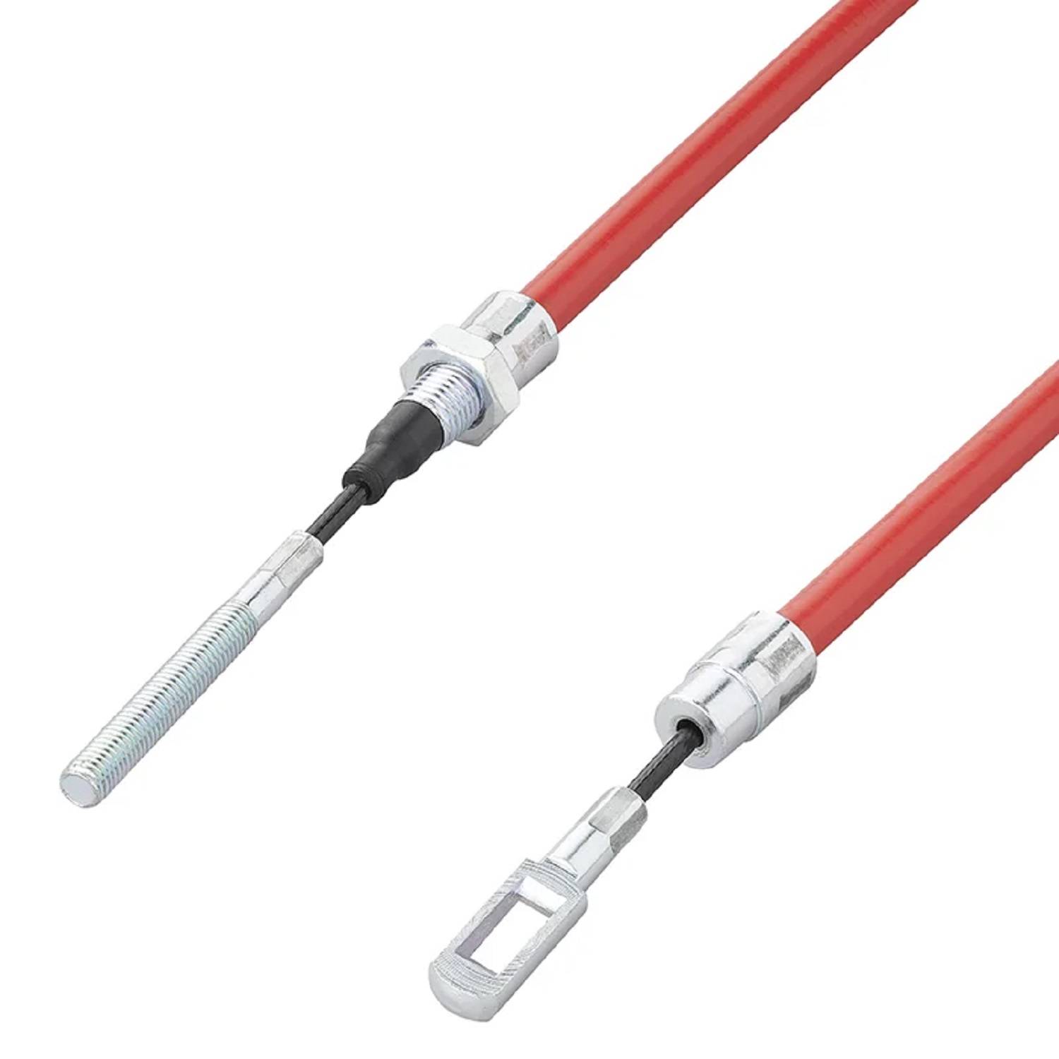 Rotes Push-Pull-Kabel mit silbernen Metallanschlüssen an jedem Ende, das für mechanische Steuerungen in verschiedenen Anwendungen verwendet wird.