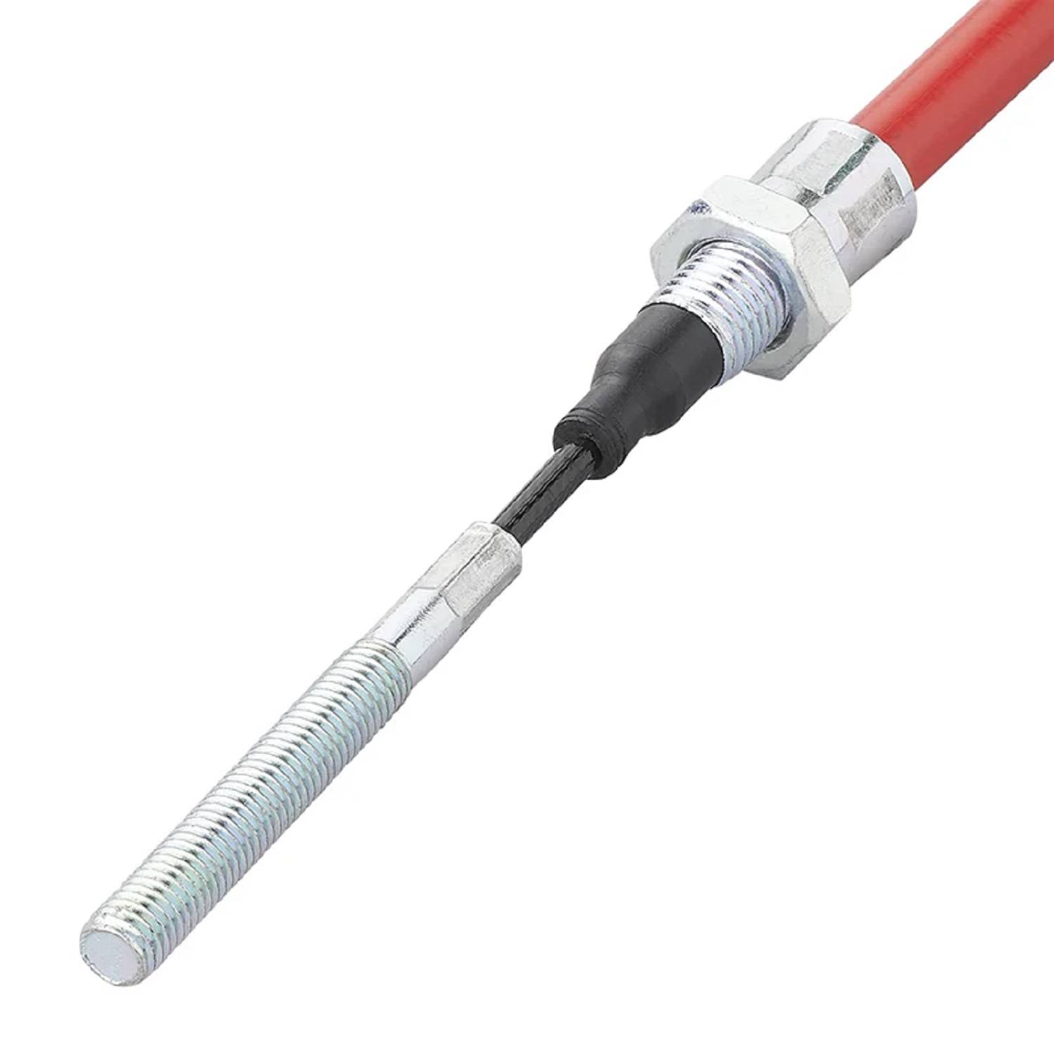 Ein roter zylindrischer Näherungssensor mit schwarzem Kabel und gewindeter Metalltip zur Installation und Einstellung.