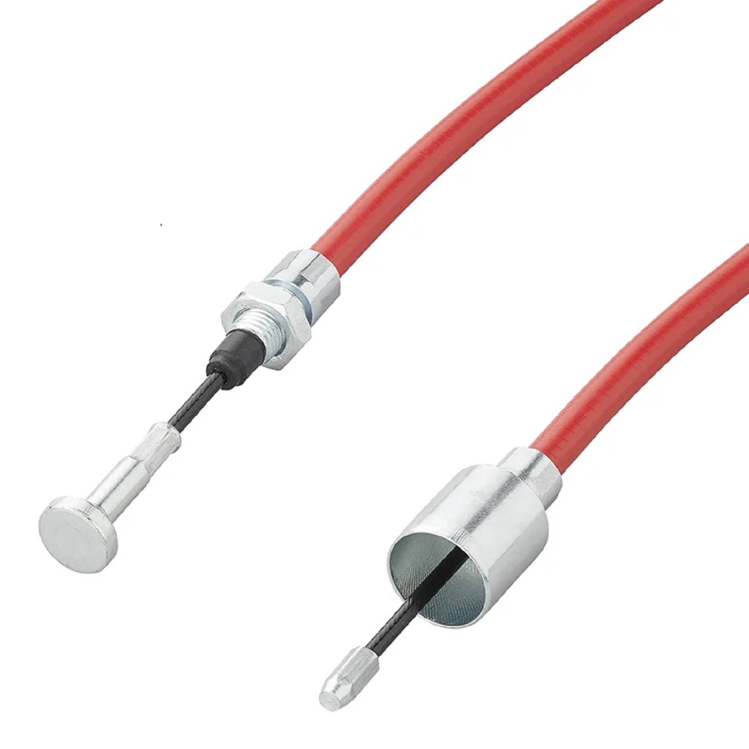 Ein Motorrad-Gaszug mit einer Konstruktion aus Metall und Gummi, versehen mit einer roten Ummantelung.