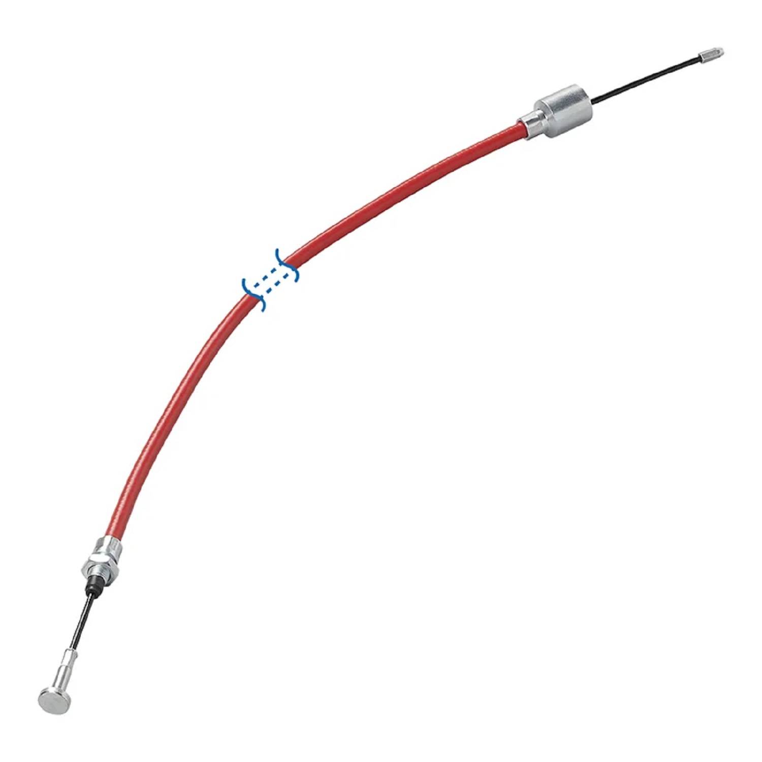 Ein roter Gaszug mit Metallverbindern an beiden Enden, der in mechanischen Systemen zur Steuerung von Geschwindigkeit oder Leistungsabgabe verwendet wird.
