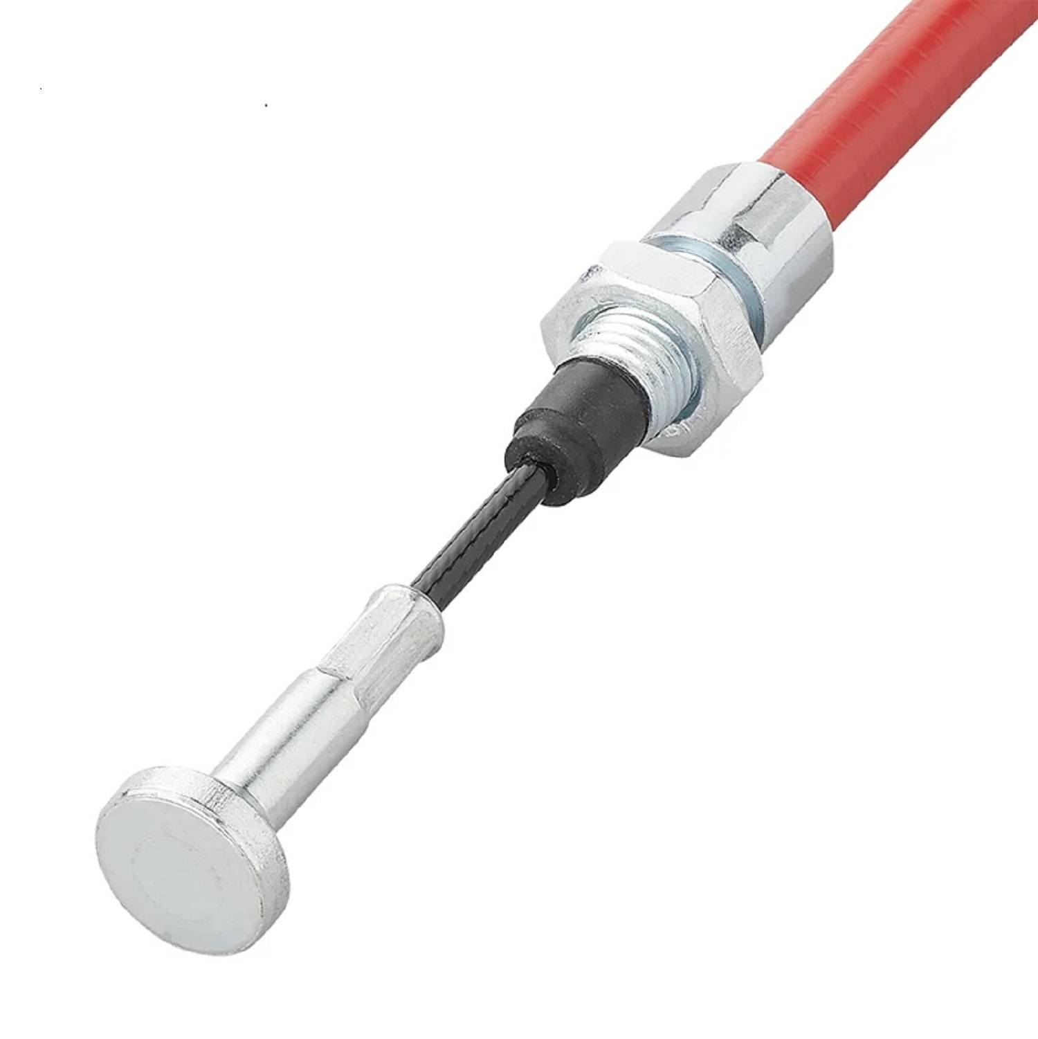 Ein mechanisches Seilzug-System mit roter Ummantelung, ausgestattet mit einem Metallstecker und Montagezubehör zur Steuerung von Maschinen oder Fahrzeugen.