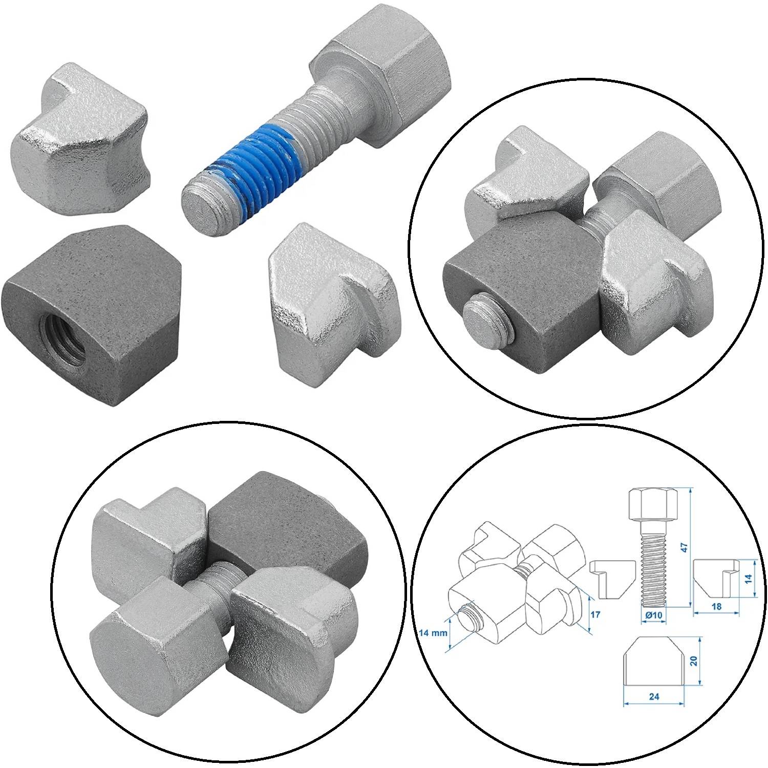 Eine detaillierte Montageanleitung für ein mehrteiligen Metallsicherungsmuttern- und Schraubensystem. Beinhaltet separate Komponenten, Zusammenbauansicht und Maße.