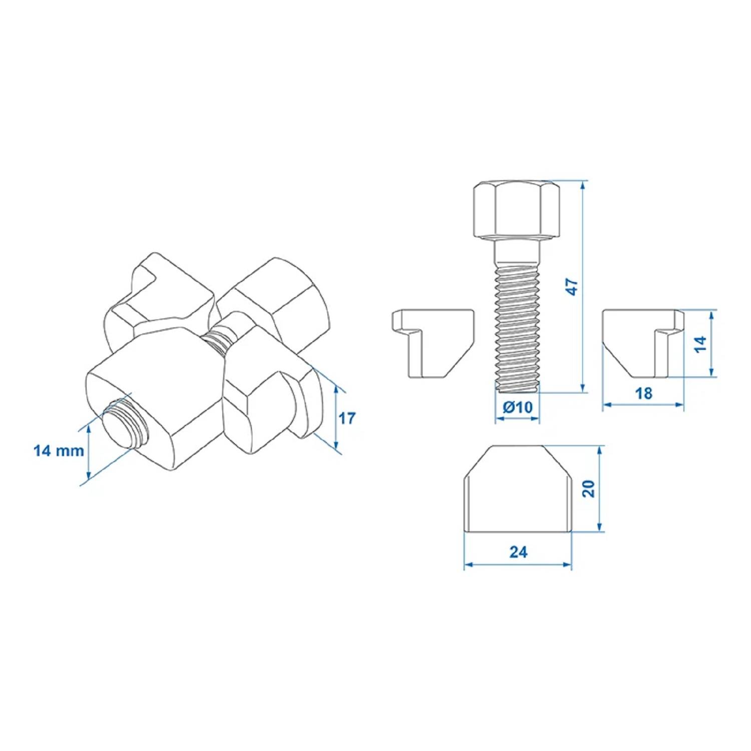 Technische Zeichnung eines Bolzens mit Maßangaben: Länge 47 mm, Durchmesser 10 mm. Enthält Seiten- und Draufsicht der Komponenten mit beschrifteten Abmessungen.